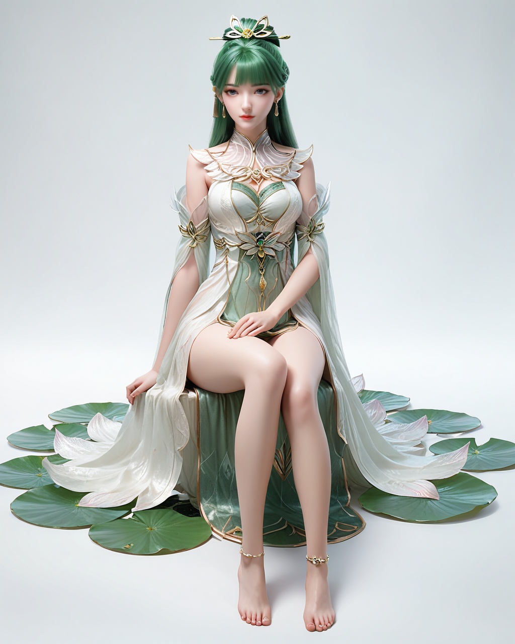score_9,score_8_up,score_7_up,1girl,long hair,breast,medium breast,earrings,hair_ornament,dress,green hair,thick_thighs,<lora:wy_fuqu_XL7.0:0.8>,barefoot,sitting,pondel,lotus,sitting on the water,skindentation,<lora:细节B:0.5>,clear background,