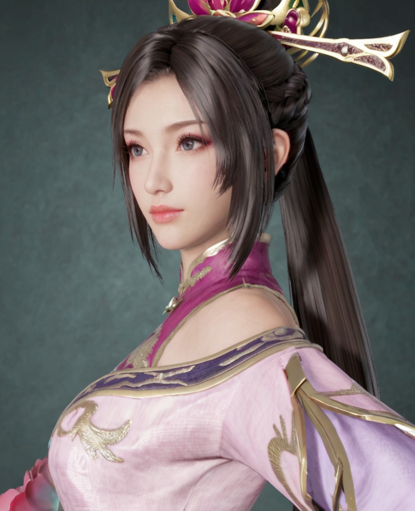 1girl, solo, hair ornament, long hair, ponytail, upper body, dress, lips, closed mouth, black hair, chinese clothes, braid, from side, bare shoulders,<lora:diaochan_8:0.7>,