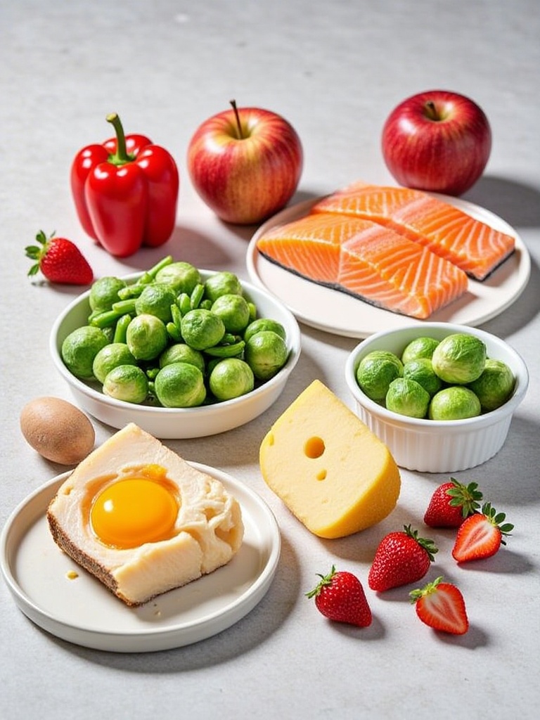 STML,a photograph showcasing a variety of fresh food items on a light grey countertop. Items include vibrant red bell peppers, a red apple, two salmon fillets, a steak, a plate of green beans, a bowl of Brussels sprouts, a plate of strawberries, and a wedge of cheese. The food is arranged neatly, emphasizing freshness and diversity.<lora:S-T-猫粮海报_S1.5:1>