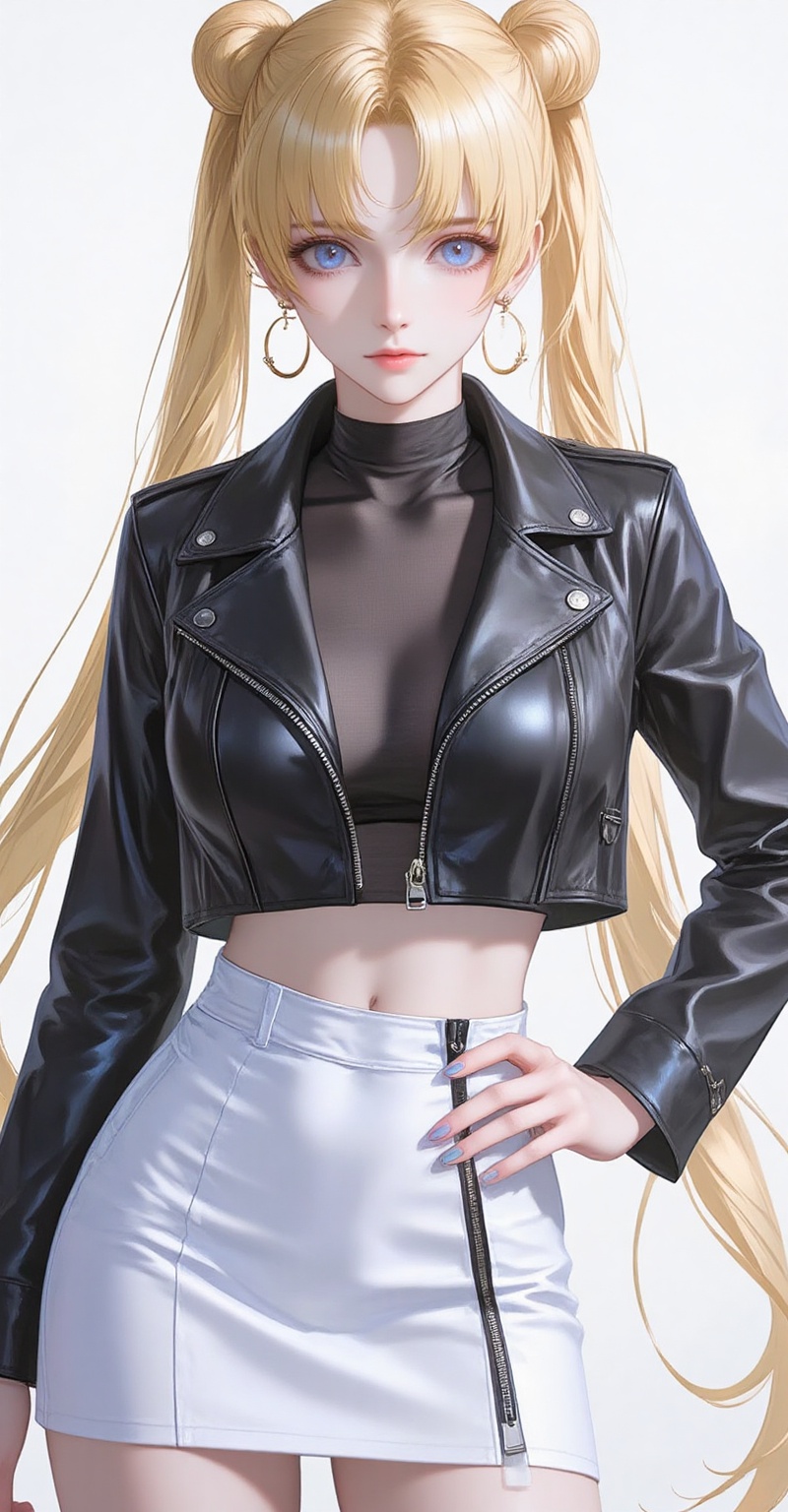 lvjing,baoshi,lvjing,yueyetu,1girl,solo,blonde hair,blue eyes,long hair,twintails,double bun,hair bun,bangs,parted bangs,very long hair,1girl,solo,skirt,earrings,zipper,jewelry,see-through,navel,hand on own hip,crop top,looking at viewer,midriff,shiny clothes,zipper pull tab,long sleeves,white background,simple background,nail polish,white skirt,jacket,cowboy shot,miniskirt,closed mouth,breasts,lips,hoop earrings,latex,contrapposto,standing,9,cover,simple background,gradient background,close-up details,outstanding style,adding a touch of dimension to your images without compromising details,close-up,