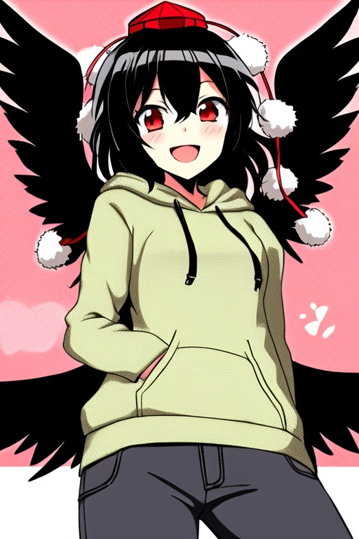 shameimaru aya,1girl,hat,solo,wings,red eyes,black hair,smile,open mouth,<lora:aya5:1>,pom pom \(clothes\),(hoodie:1.2),