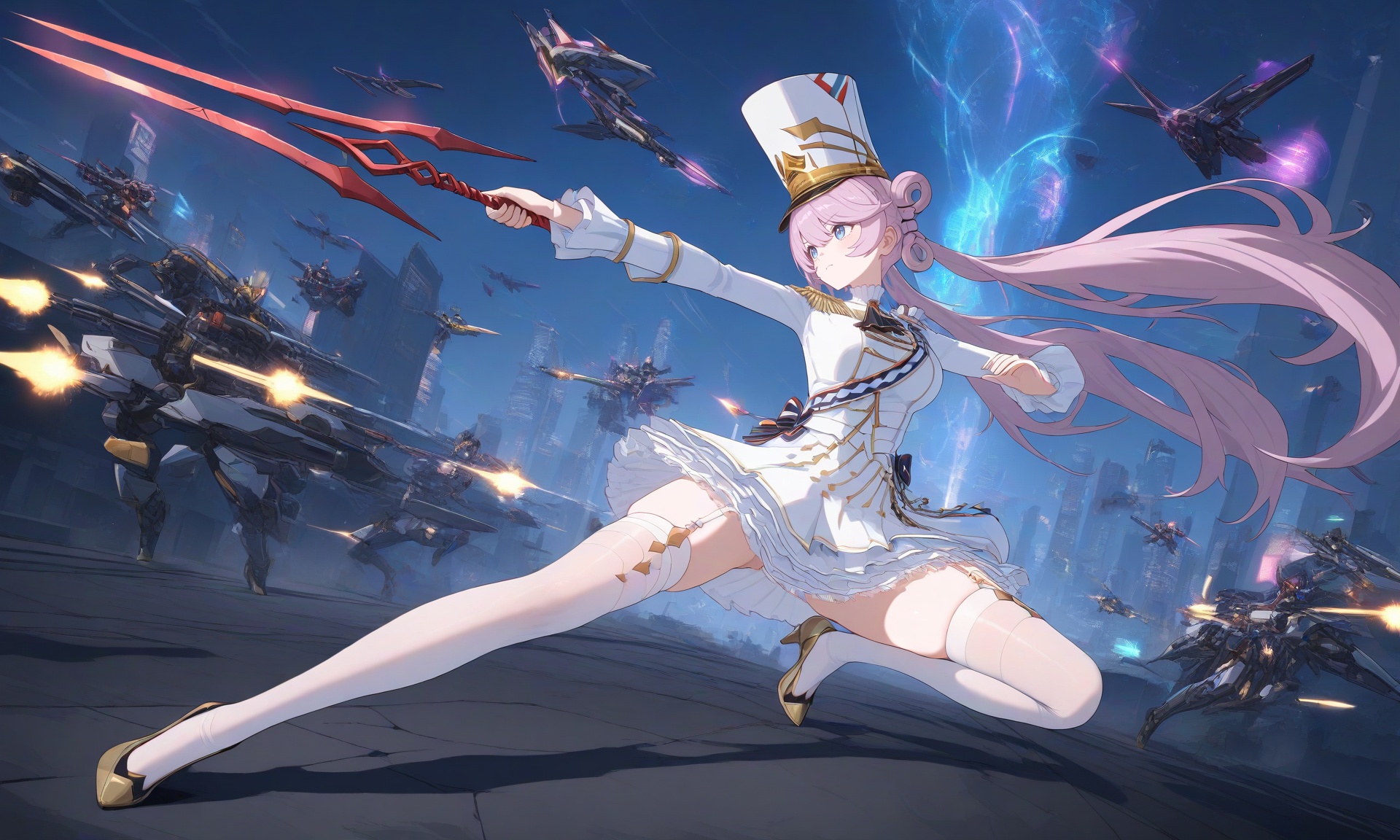 masterpiece,high score,great score,absurdres,dramatic mid-air combat stance,cyberpunk cityscape at night,<lora:moli1:1>,moli,thighhighs,hat,long hair,blue eyes,white thighhighs,full body,garter straps,shako cap,double bun,dress,pink hair,hair bun,long sleeves,bangs,white dress,very long hair,closed mouth,purple hair,double-breasted,frills,buttons,epaulettes,white headwear,wielding Longinus Spear (divine weapon),thrusting towards robotic enemy,electric arcs crackling along spear shaft,sacred geometry patterns illuminating,pink and purple gradient hair whipping violently,blue eyes focused,mechanical debris falling from sky,shattered robot chassis exploding,other drones firing laser volleys,neon rain slicking reflective streets,towering holographic billboards flickering,flying vehicles evading combat zone,spear tip piercing through robot armor,molten metal splattering,motion-blurred energy trails,volumetric light beams from skyscrapers,low camera angle,dynamic perspective,cinematic composition,cyber-rainstorm with glowing droplets,atmospheric turbulence,battle damage effects,overcharged energy core detonation in background,Lance of Longinus,spear,