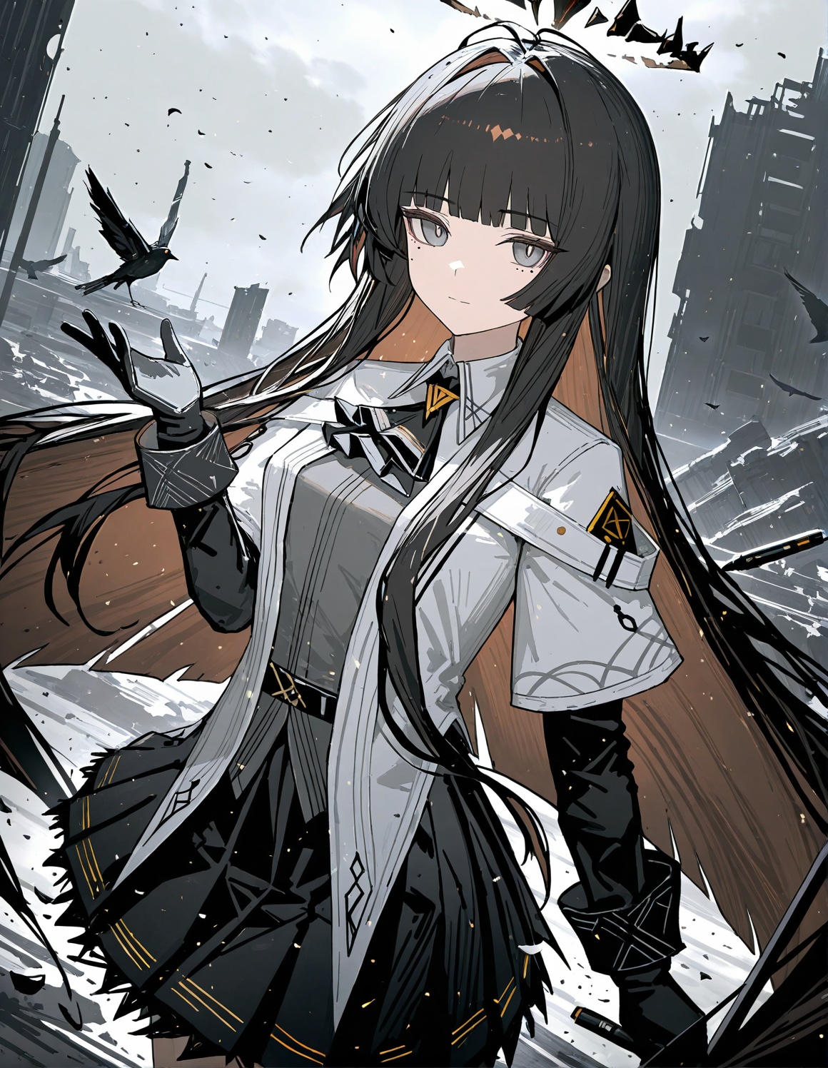 1girl,virtuosa \(arknights\),reoen,paindude,shion \(mirudakemann\),lack,sketch,oekaki,marker \(medium\),from above,belt buckle,black ascot,black belt,black gloves,black hair,black halo,black skirt,blunt bangs,broken halo,brown hair,bustier,closed mouth,collared jacket,colored inner hair,dark halo,floating hair,grey eyes,grey shirt,hand up,hime cut,layered sleeves,looking at viewer,miniskirt,mole under eye,multicolored hair,outdoors,overcast,pleated skirt,short-sleeved jacket,short over long sleeve,sidelocks,solo,very long hair,white jacket,wing collar,dust particles,dark,black theme,dutch angle,film grain,ruins,black birds,cinematic,depth of field,blurry background,masterpiece,best quality,good quality,newest,highres,absurdres,