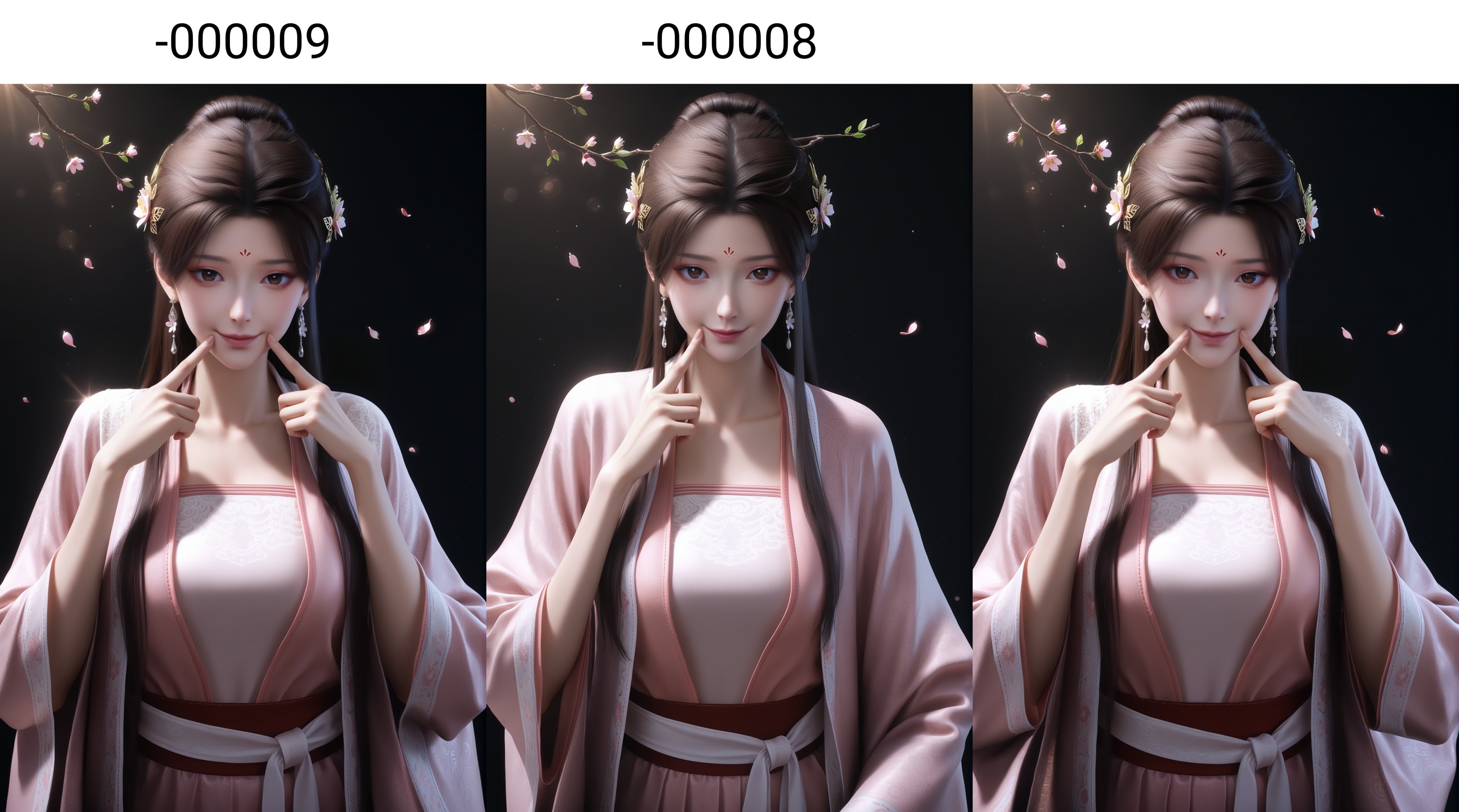 masterpiece,best quality,absurdres,highres,(glamor:1.1),(slender:1.1),skinny,<lora:苏檀儿-ill-000009:0.83>,1girl,solo,flower hair accessory,hair flower,hair ornament,long hair,half-up bun,dark brown hair,jewelry,earrings,forehead mark,brown eyes,pupils,dilated_pupils,brown_pupils,silk robe,pink robe,layered outfit,beizi,ru top,waist sash,pink,collarbone,large breasts,looking at viewer,(front view),(fingersmile),BREAK(white_skin:1.1),(fair_skin:1.1),realistic,twig,branch,falling petals,simple background,black background,rim light,Volumetric Lighting,lens flare,Tyndall effect,depth of field,bokeh,sparkle,