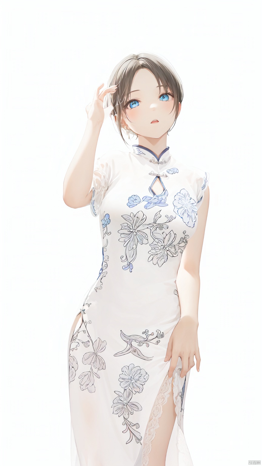 1girl, solo, short hair, black hair, white background, Blue eyes, white dress,chinese clothes, china dress, side slit, Medium breast,Cheongsam——Clear hand contour,Hand intact,Five fingers of the hand are clear, loli, ((poakl))