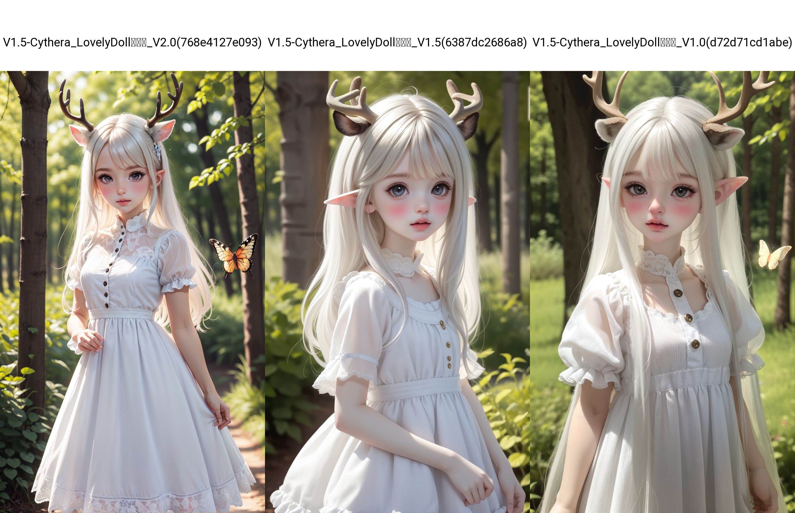 (Masterpiece:1.2), (best quality:1.2), (super high resolution:1.2), LovelyDoll, 1girl, solo, bug, butterfly, pointy ears, outdoors, dress, blush, long hair, looking at viewer, white dress, day, blurry, blurry background, antlers, long sleeves, bangs, depth of field, nature, parted lips, deer ears, white hair, standing, grey eyes, short sleeves, forest, closed mouth, tree, lips