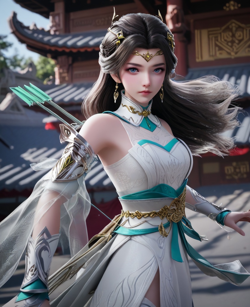 (oriental architecture, elegant decor, sophisticated style:1.1),(ice skating:1.1),arrows,archery bow,bowstring,quiver,draw the bow,nock an arrow,draw and aim,arrow,weapon,(breasts:1.2),<lora:XL16仙帝归来李染竹:0.95>,miss liranzhu,white dress,blue eyes,black hair,long hair,hair ornament,jewelry,earrings,wide flowing sleeves with see-through,sash,, score_9,score_8_up,score_7_up,score_6_up,score_5_up,score_4_up,3d rendering,tag1,tag2, Cinematic Lighting,backlighting,