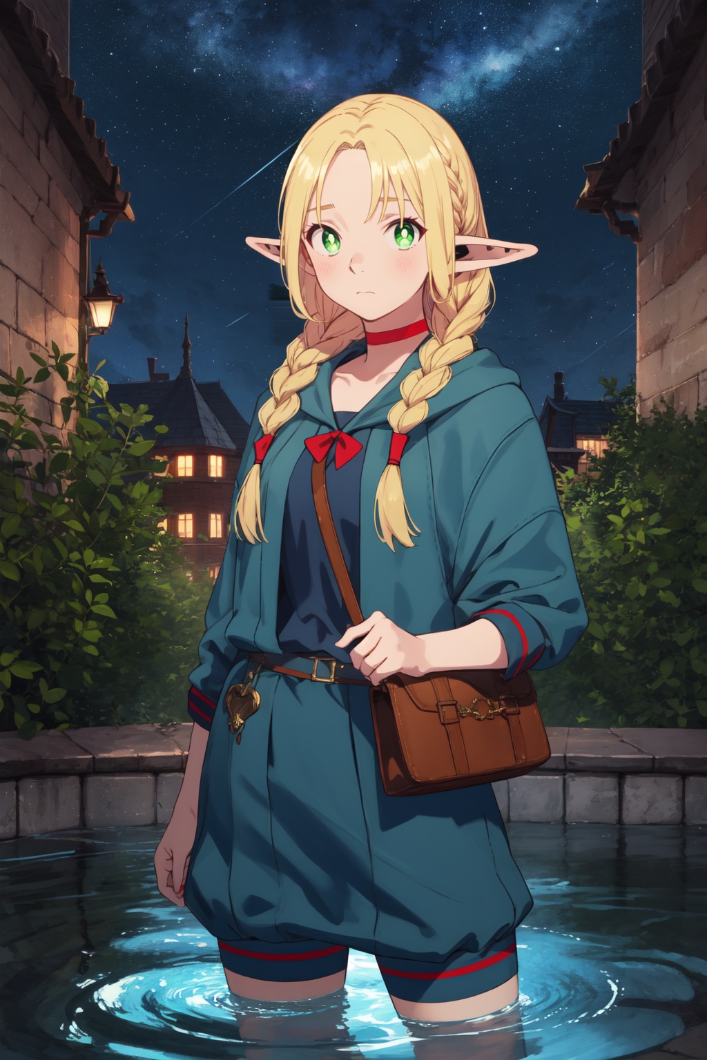 <lora:Marcille:0.7:lbw=midd>,marcille_cyql,1girl,looking at viewer,solo,elf,blonde hair,pointy ears,long hair,green eyes,braid,choker,twin braids,red choker,Floral jumpsuit, wedge sandals, shoulder bag, pendant necklace, sunglasses,Sad, downturned mouth, drooping eyelids, and furrowed brow.,cowboy_shot,beautiful face,beautiful eyes,glossy skin,shiny skin,Plankton, Bioluminescent, Bay, Night, Water, Glow, Serenity, Magic,(Cottage garden flowers, Rain-soaked petals, Garden path, Raindrops, Summer shower, English countryside:0.6),beautiful detailed sky,beautiful detailed glow,posing in front of a colorful and dynamic background,masterpiece,best quality,beautiful and aesthetic,contrapposto,female focus,wallpaper,fashion,