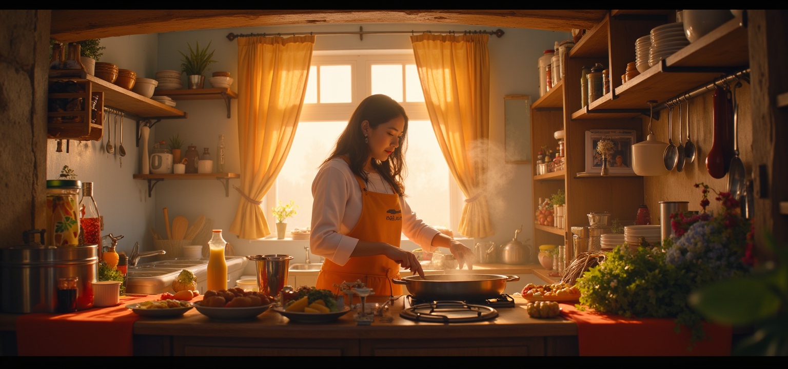 Color style,Fantasy style,(Color style:2),A woman is preparing dinner in the kitchen, which is filled with various cooking utensils and an abundance of ingredients. Warm light streams into the room through the window.