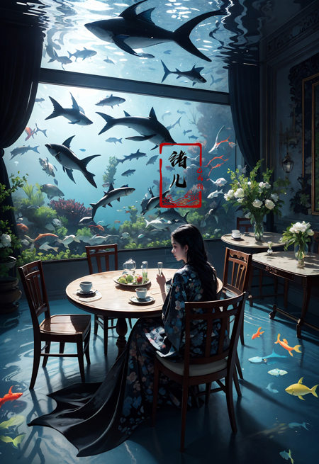 1girl, fish, chair, table, solo, sitting, black hair, scenery, lantern, teapot, flower, cup, teacup, long hair, floral print, from behind, indoors, lamp, dark, underwater，<lora:绪儿-海底世界Underwater world:0.8>