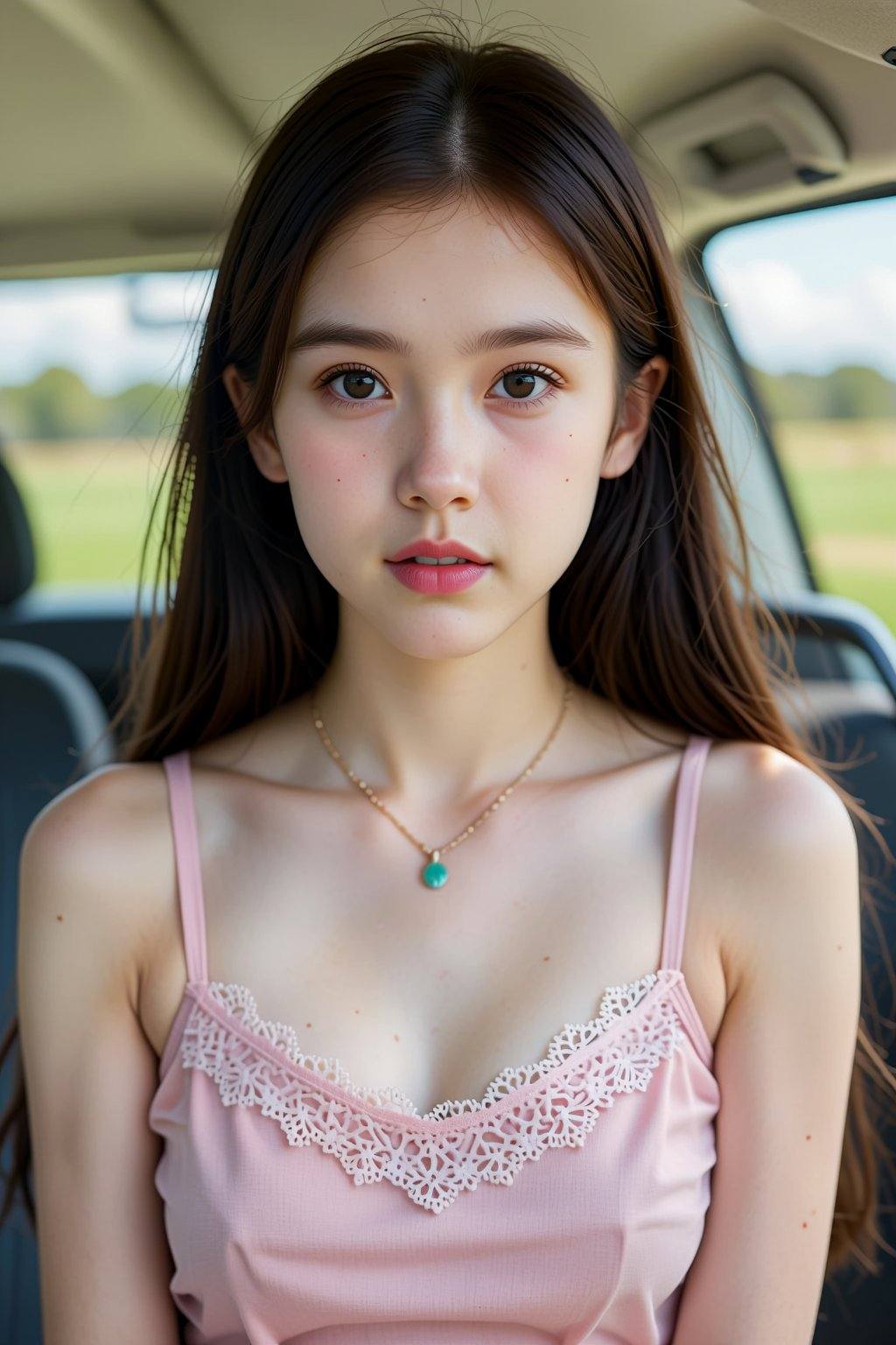 The image depicts a photograph of a young Asian woman with long,  straight,  dark brown hair and fair skin. She has large...