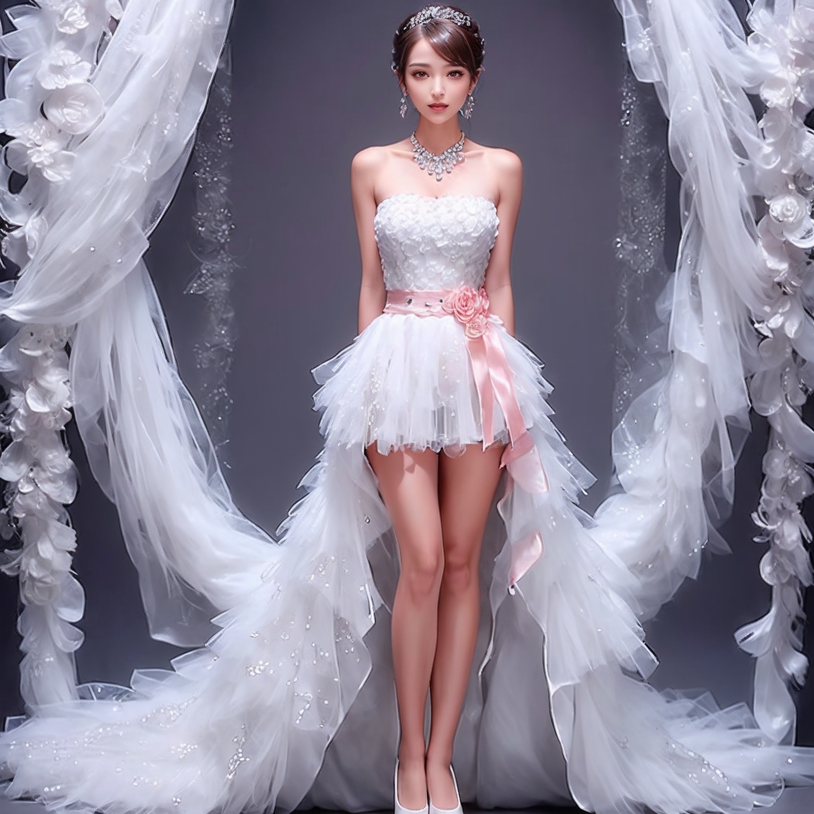 (full body:1.4),(realistic:1.11),(Photo-referencing),HDR,Studio Lighting,Soft Lighting(symmetric beautiful detailed eyes),Sparkling eyes,red eye shadow,(long eyelashes)a slender petite little girl,Delicate muscle lines,(Skinny body),(solo:1.5),( looking at viewer:1.22),The white shiny skin(dynamic pose),(arms behind back),arms at sides(very long payot),(Absurdly long Brown straight hair:1.22),parted bangs, (floating hair)(jewelry:1.17), necklace, earrings,(colorful:1.27),(stained glass background),(dress:1.17),flower,Gems, diamonds, crystals(toushi021\(see-through blouses\):1.21), upper body
