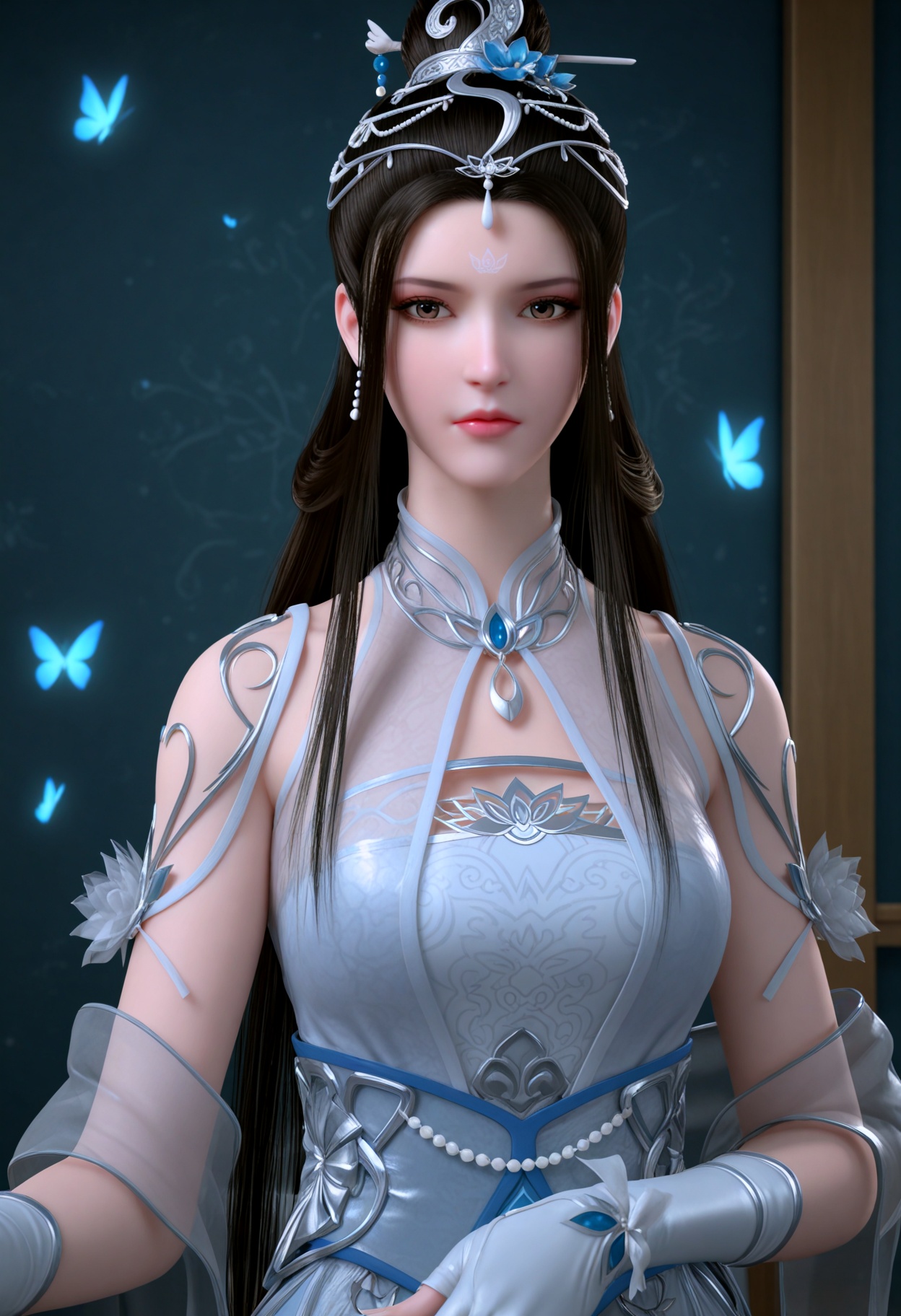 upper_body,(gigantic breasts:0.6),(slender:1.3),(looking_at_viewer:1.1),(masterpiece:1.1),(best quality:1.2),(intricate details),(smog:1.3),(Dark room:1.3),(dim lighting:1.3),<lora:YQ_Illustrious光辉v5_绫清竹_V1:0.8>,q1528437228,1girl,solo,black_hair,long_hair,hair_ornament,dress,jewelry,earrings,white_dress,hair_bun,forehead_mark,facial_mark,chinese_clothes,single_hair_bun,sash,blue_dress,bare_shoulders,see-through,brown_eyes,brown_hair,flower,gloves,anklet,necklace,tiara,detached_sleeves,gawr_gura,virtual_youtuber,butterfly,tassel,tattoo,white_gloves,armor,masterpiece,(best quality),(intricate details:0.9) BREAK (intricate details:0.9),(realistic skin:1.2),masterpiece,best quality,newest,absurdres,hiahres,