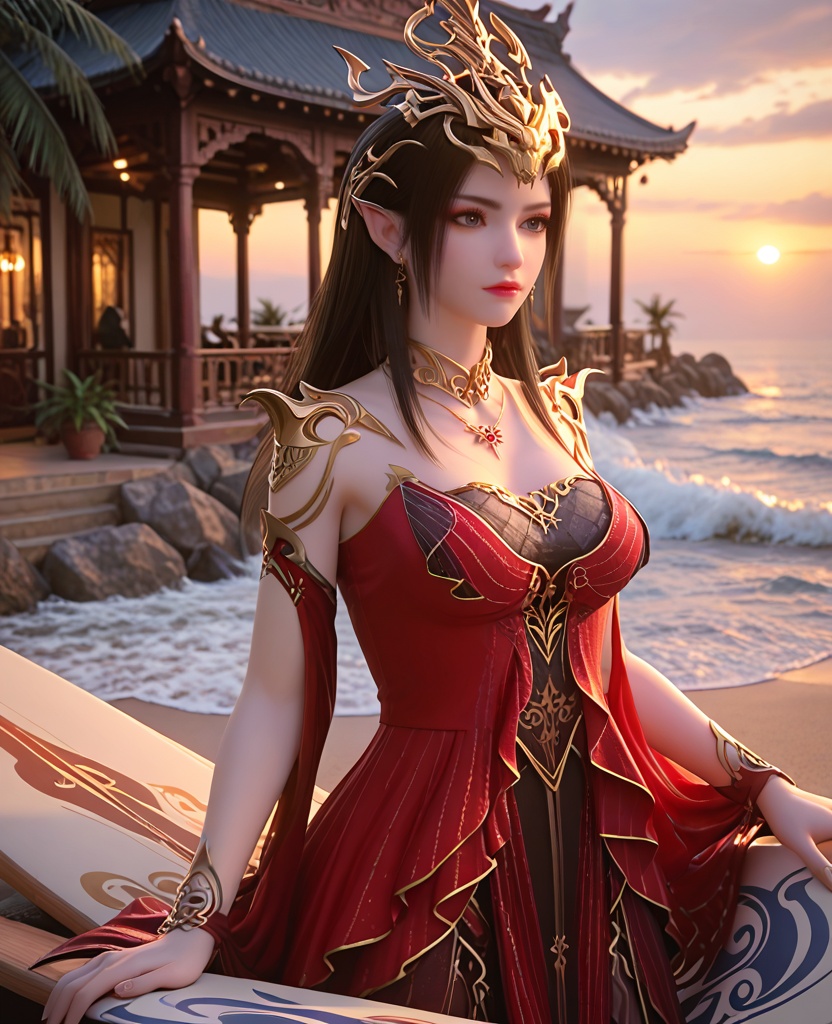 (oriental architecture, elegant decor, sophisticated style:1.1),(surfing on surfboard,waves:1.1),(breasts:1.2),<lora:XL斗破苍穹美杜莎女王装:0.85>,meidusha queen,red fringed dress layered on top of lace corset bra,red fringed dress,lace corset bra,shoulder armor,bare shoulders,pointy ears,crown,black hair,long hair,jewelry,earrings,necklace,detached sleeves,pantyhose,lace inner skirt,blue eyes,, score_9,score_8_up,score_7_up,score_6_up,score_5_up,score_4_up,3d rendering,tag1,tag2, Cinematic Lighting,backlighting,