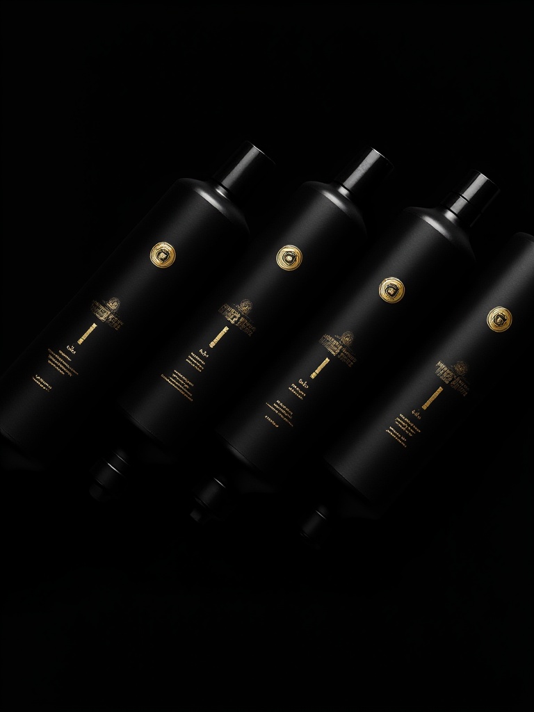 miluo_bzsj, A close-up of four sleek, black cylindrical bottles with fancy gold embossed text and logos, including a circle with a small square inside. They're lined up diagonally, creating a badass, symmetrical pattern. The background is pitch black, making the shiny bottles and their gold details pop. The vibe is classy and modern, screaming luxury. <lora:miluo丨包装设计丨现代简约-1.3:1>