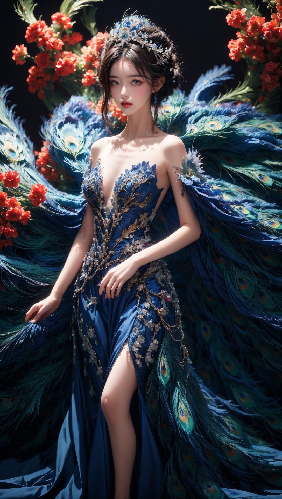 1girl, dress, solo, black hair, bare shoulders, blue dress, hair ornament, flower background, breasts, hair bun, looking at viewer, strapless, strapless dress, standing, red lips, feathers, peacock feather, flower, collarbone, tiara,<lora:Again_Style:1>