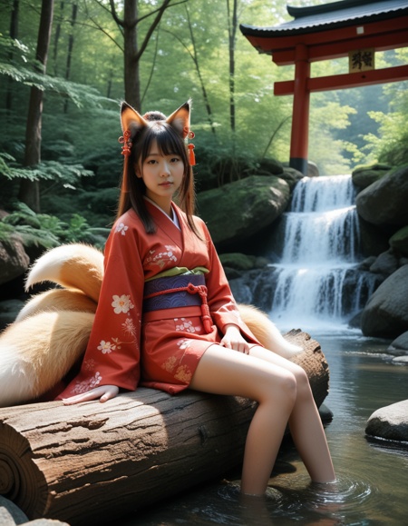 score_9,score_8_up,score_7_up,score_6_up,score_5_up,masterpiece,best quality,realistic,photorealistic,photo \(medium\),absurdres,cinematic,intricate detail,uhd,4k,1girl,asian,kimono,shrine,japanese shrine,sitting on a log,in forest,waterfall background,fox girl,kyuubi,monster girl,multiple tails,nine-tails,fox tail,tail,fox ear,looking at viewer,