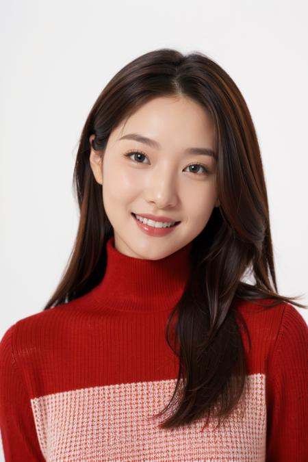 upper body portrait of 1girl wear (red color turtleneck sweater:1),A proud and confident smile expression,long hair,look at viewers,studio fashion portrait,studio light,pure white background,