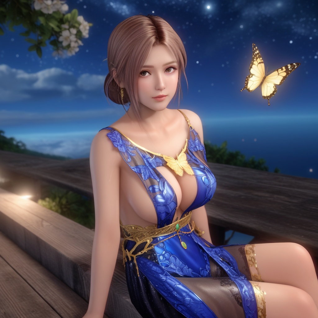 <lora:847-DA-XL-死或生-Elise-BirthdaySuit-20220903:0.8>, (,1girl, ,best quality, ),,  ,ultra realistic 8k cg, ,masterpiece, (( , )),,  fiction,mole, , ,      ,, 1girl,butterfly sitting,  night, star_\(sky\)(cleavage),,