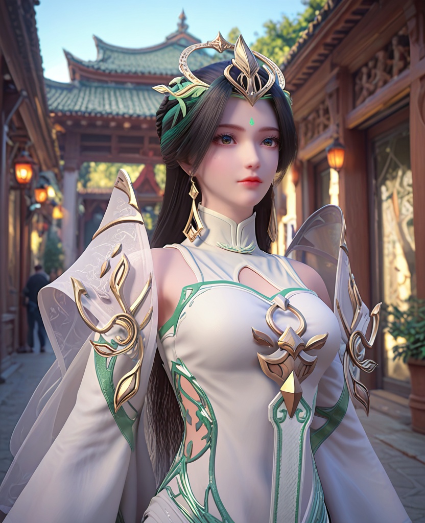 (oriental architecture, elegant decor, sophisticated style:1.1),Hands on hips, facing the camera,,(breasts:1.2),<lora:XL完美世界柳神:0.9>,miss liushen,solo,white dress,shawl,black hair,long hair,bangs,hair ornament,blackish green eyes,forehead mark,black hair highlights green hair,clothing cutout,waist cutout,earrings,wide sleeves,, zPDXL2, score_9, score_8_up, score_7_up BREAK realistic, masterpiece,best quality, highly detailed,, zPDXL3, zPDXL2,zPDXL, zPDXLxxx, zPDXLrl,