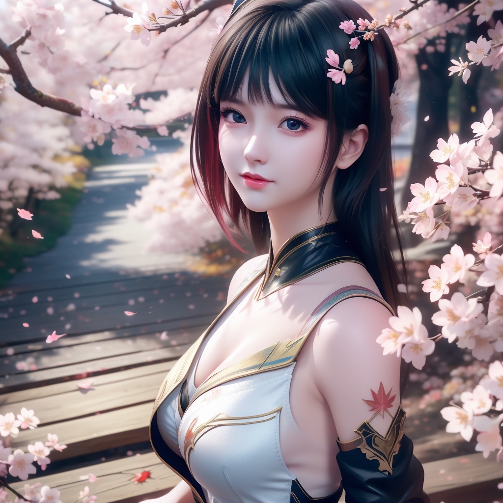 <lora:739-DA-斗破苍穹-慕青鸾:0.8>, (,1girl, ,best quality, ),looking at viewer,  ,ultra detailed 8k cg,ultra detailed background,ultra realistic 8k cg, ,masterpiece, (( , )),, ,science fiction,mole, ultra realistic 8k cg, ,    ,(,cherry blossoms, autumn leaves,perfect cherry blossom,   ), (cleavage),
