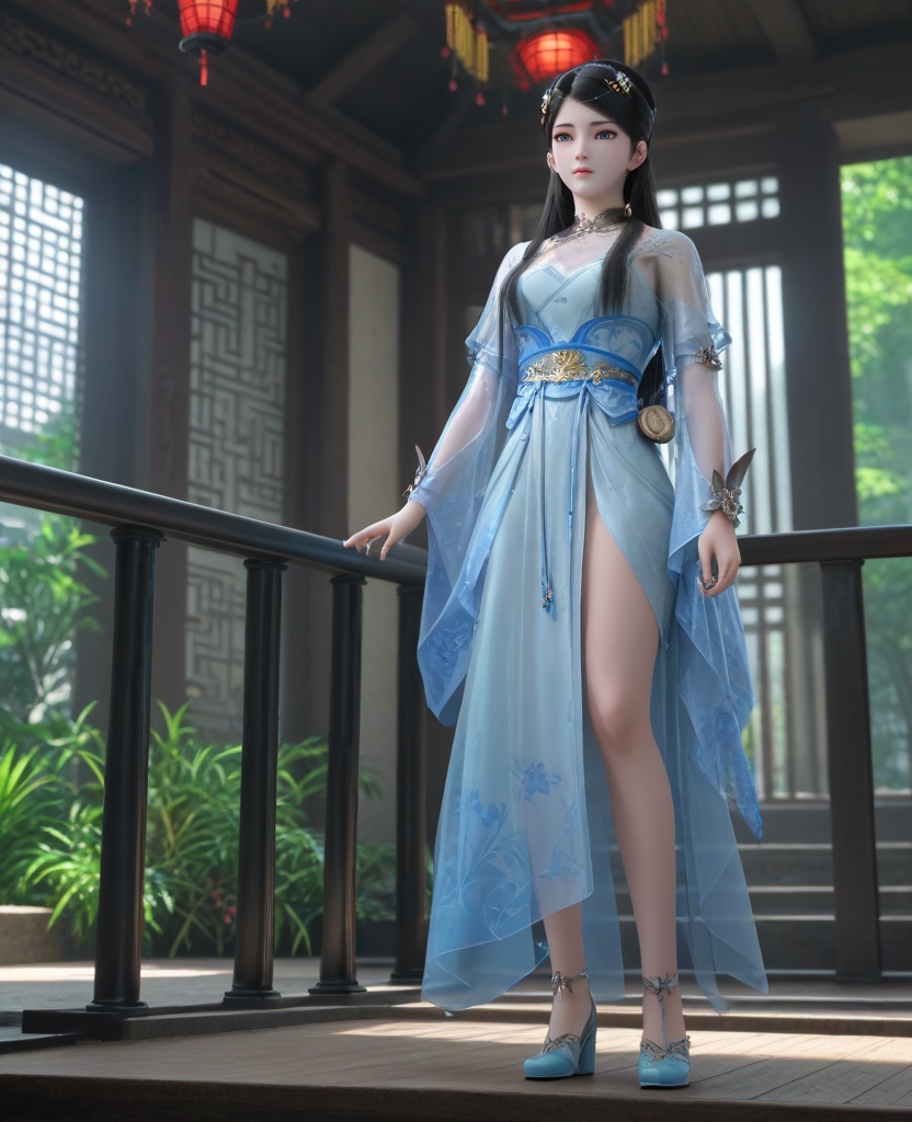 (oriental architecture, elegant decor, sophisticated style:1.1),(taking escalator,putting hand on handrail:1.1),(breasts:1.2),<lora:XL16墓王之王寒千落:0.95>,miss hanqianluo,solo,pale blue dress,see-through,blue eyes,black hair,long hair,hair ornament,hanging hair,sash,wrist cuffs,pelvic curtain,blue heels,, score_9,score_8_up,score_7_up,score_6_up,score_5_up,score_4_up,3d rendering,tag1,tag2, Cinematic Lighting,backlighting,