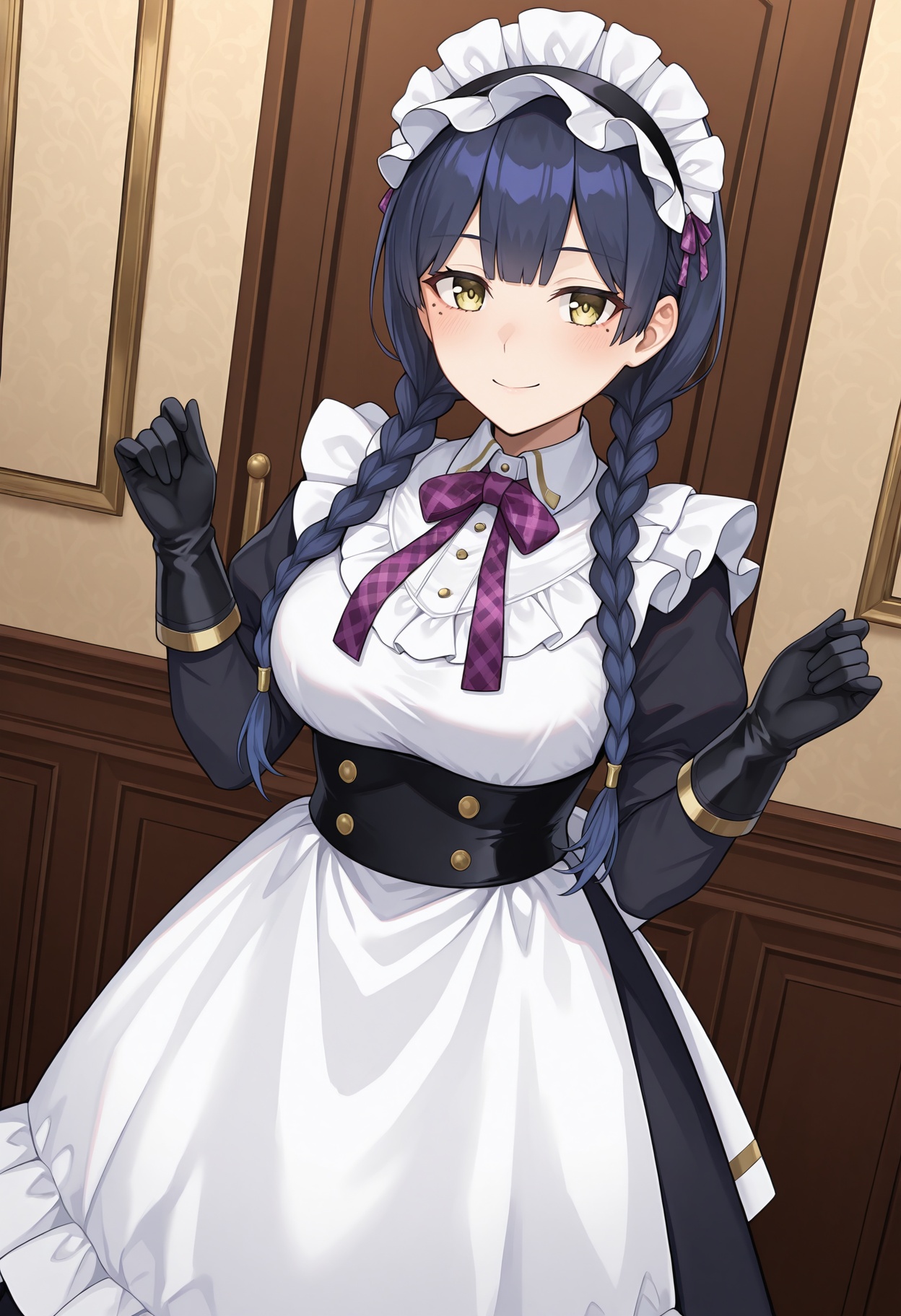 maid,  blunt bangs,  low twin braids on Tensor.Art