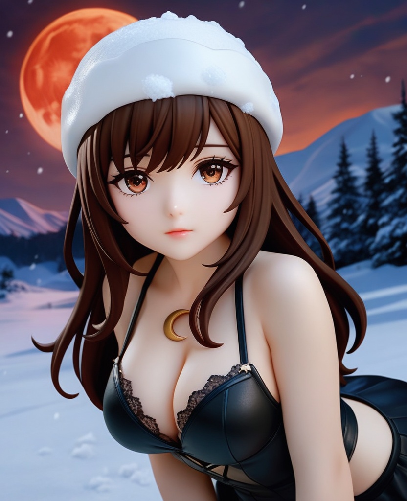 (,1girl, ,best quality, ),looking at viewer,masterpiece, (( , )),, realistic,science fiction,mole, ultra realistic 8k cg, ,      ,outdoors, snow, snowing, snow on head, sun,sunset,sunlight,moonlight,full moon, red moon,  crescent moon,  crescent rose,  black rose,       (cleavage), (),