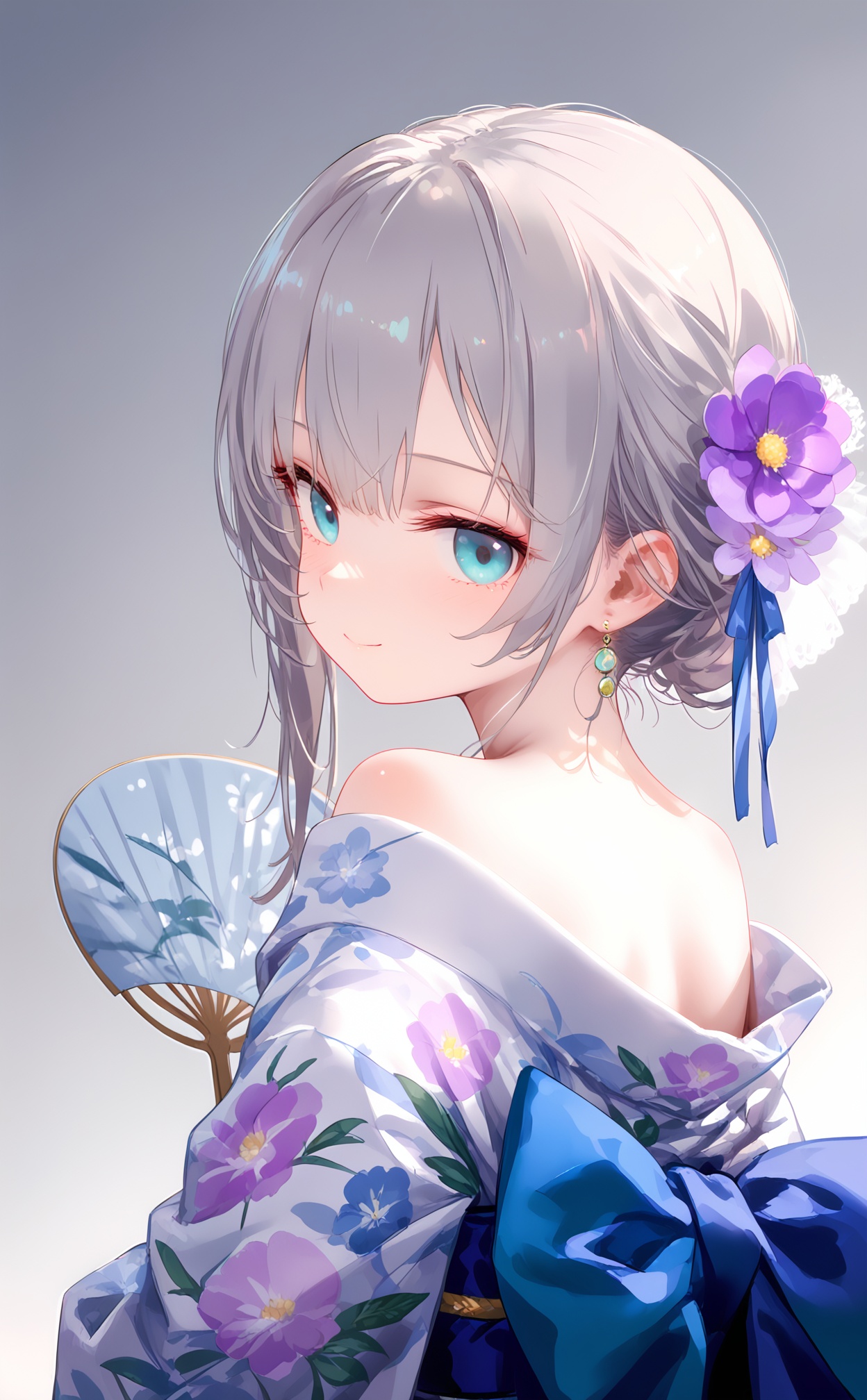 masterpiece,very aware,(highres),absurdres,newest,best quality,high quality,loli,petite,chromatic_aberration,//,loli,1girl,solo,japanese clothes,kimono,looking at viewer,earrings,ribbon,grey hair,bow,flower,looking back,hair ribbon,jewelry,upper body,white kimono,hair flower,hair ornament,floral print,back bow,blue eyes,white background,sash,obi,blue bow,closed mouth,print kimono,blue ribbon,from behind,yukata,hand fan,gradient background,grey background,simple background,smile,sidelocks,aqua eyes,short hair,blush,purple flower,nape,bare shoulders,backless outfit,//,//,<lora:nai4zhengliu——【noob】hans:1>,