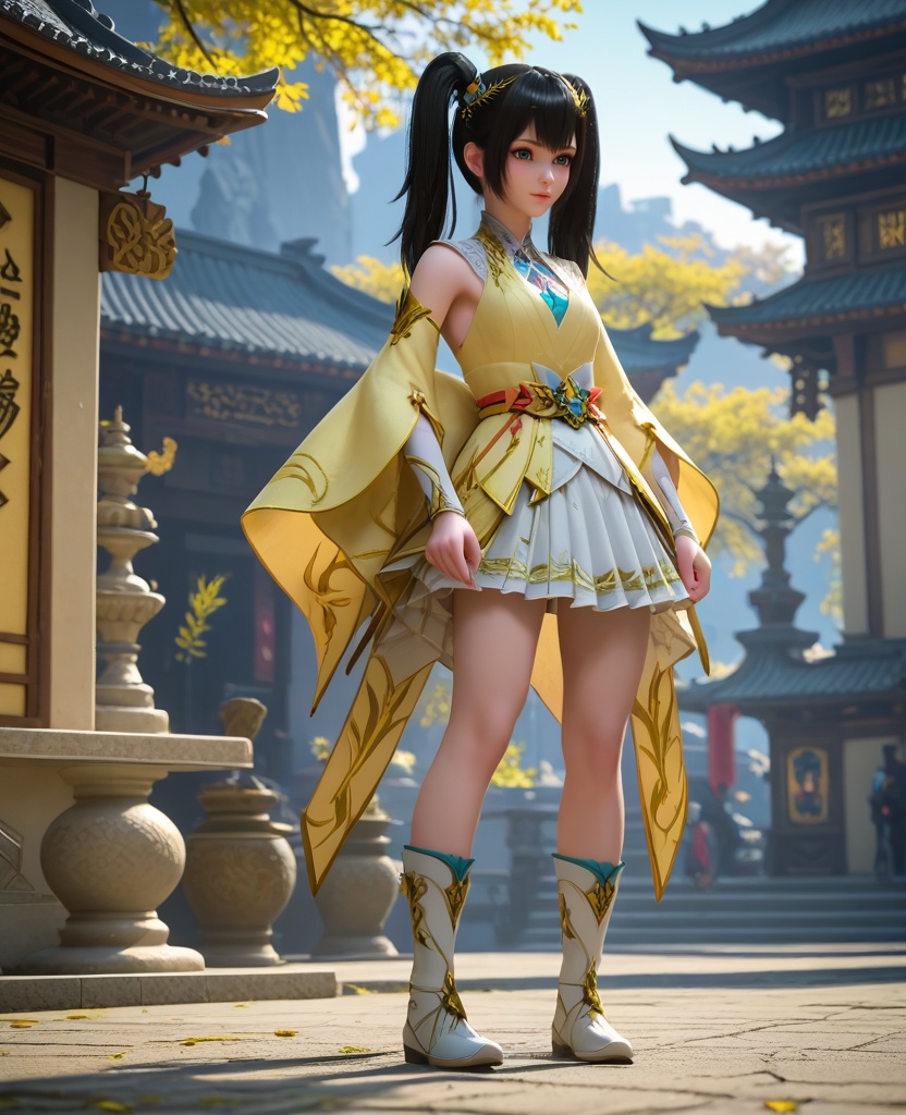 (oriental architecture, elegant decor, sophisticated style:1.1),Standing with hands in pockets, gazing at a distant point with curiosity,,(breasts:1.2),<lora:XL16大主宰叶笋儿:0.95>,preteen girl,yellow camisole,green eyes,black hair,twintails,hair ornament,wide flowing sleeves,white pleated skirt,white boots,, zPDXL2, score_9, score_8_up, score_7_up BREAK realistic, masterpiece,best quality, highly detailed,, zPDXL3, zPDXL2,zPDXL, zPDXLxxx, zPDXLrl,