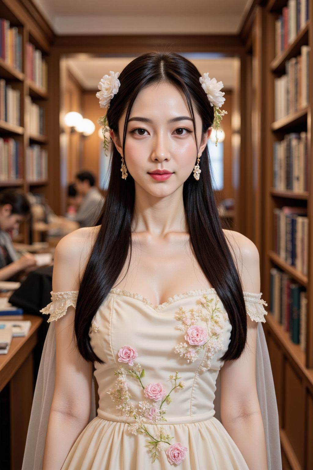 A photograph captures a serene, narrow library aisle lined with wooden bookshelves. A young Asian woman with fair skin, long black hair, and delicate features stands in the foreground. She wears an off-the-shoulder, cream-colored gown with intricate floral embroidery and sheer, flowing sleeves. Her attire and hair adorned with white floral accessories evoke a soft, ethereal aesthetic. The background reveals other patrons, also engaged in reading, adding to the tranquil, scholarly atmosphere. Warm, ambient lighting enhances the cozy, intellectual ambiance of the library.