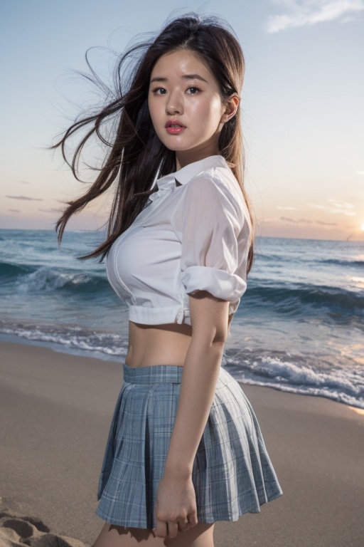(masterpiece),(best quality),official art,extremely detailed CG unity 8k wallpaper,Enhanced,16K,JK,1 girl,school uniform,black hair,white_shirt,straight_hair,long hair,curvy,skirt,medium breasts,a girl is walking on the beach at sunset,navel,wear sunglasses on your head,the wind blowing through her messy hair. The sea stretches out behind her,creating a stunning aesthetic and atmosphere with a rating of 1.2.,,<lora:zhaosilu:1>