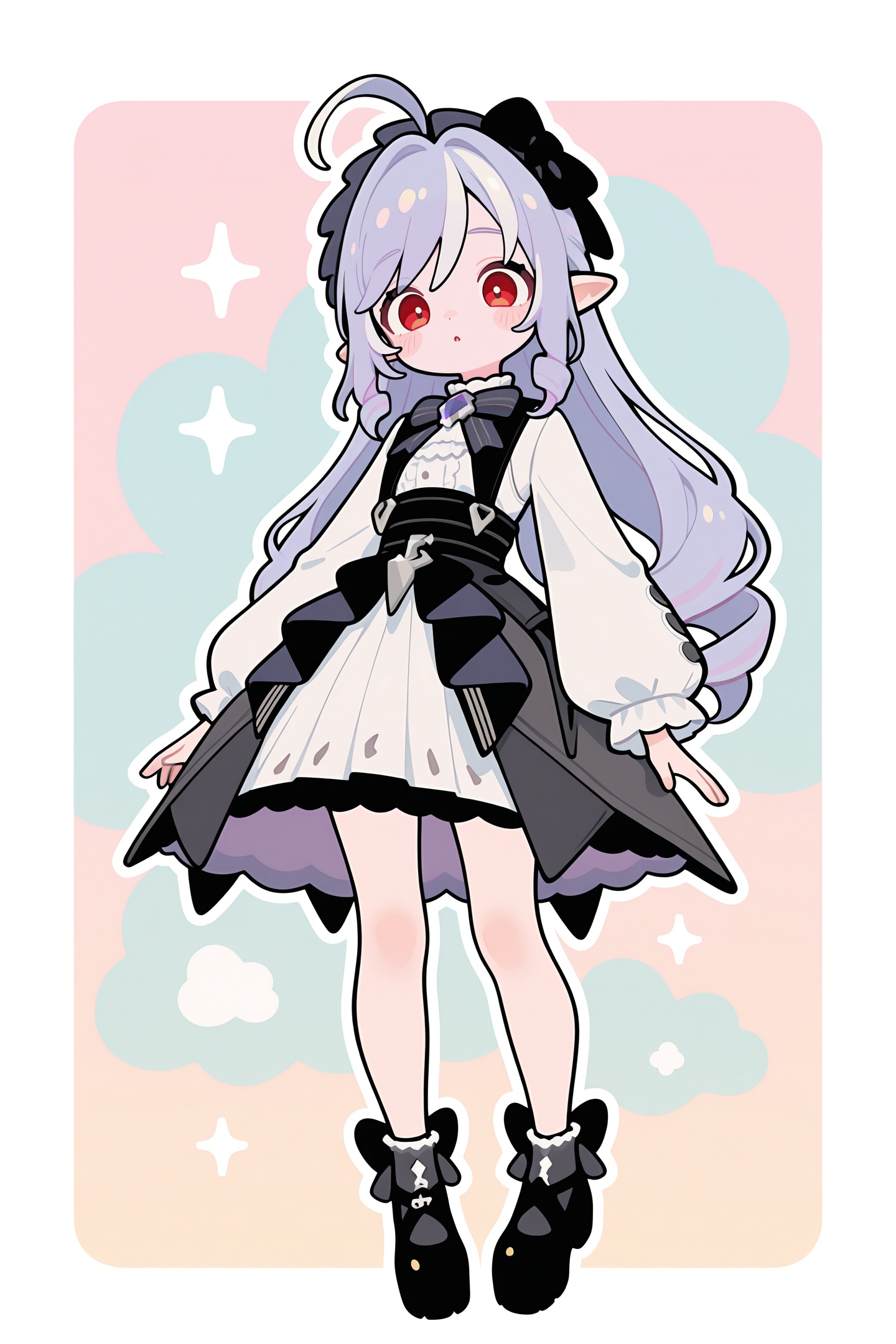 very awa,<lora:haiz_ai_illu:1>,haiz_ai,1girl,haizaz,pastel colors,thick lineart,thick outline,flat color,sticker outline,sticker,young,aged down,masterpiece,[best quality:0.25],newest,absurdres,very aesthetic,best quality,year 2024,newest,<lora:vivian-ill-Tanger:0.8>,vivian \(zenless zone zero\),vivian hairband with bow,1girl,red eyes,long hair,black footwear,long sleeves,pointy ears,bow,