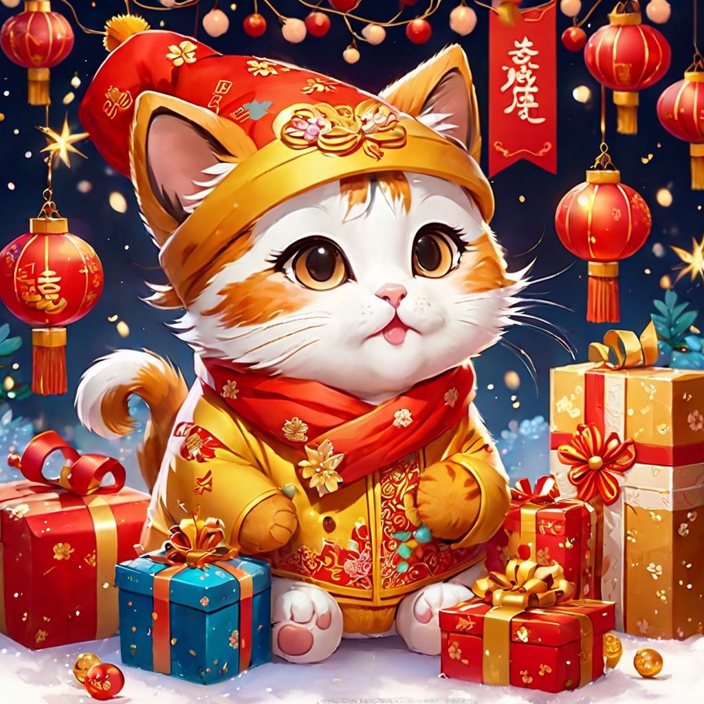 cat,cute,poakl cartoon newyear style,best quality,masterpiece,<lora:poaklSDXLcartoonnewyearV2-000007:0.6>,