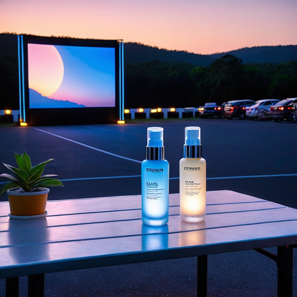 scenedrivemovie,  a glass skincare bottle,  drive-in movie lot table on Tensor.Art