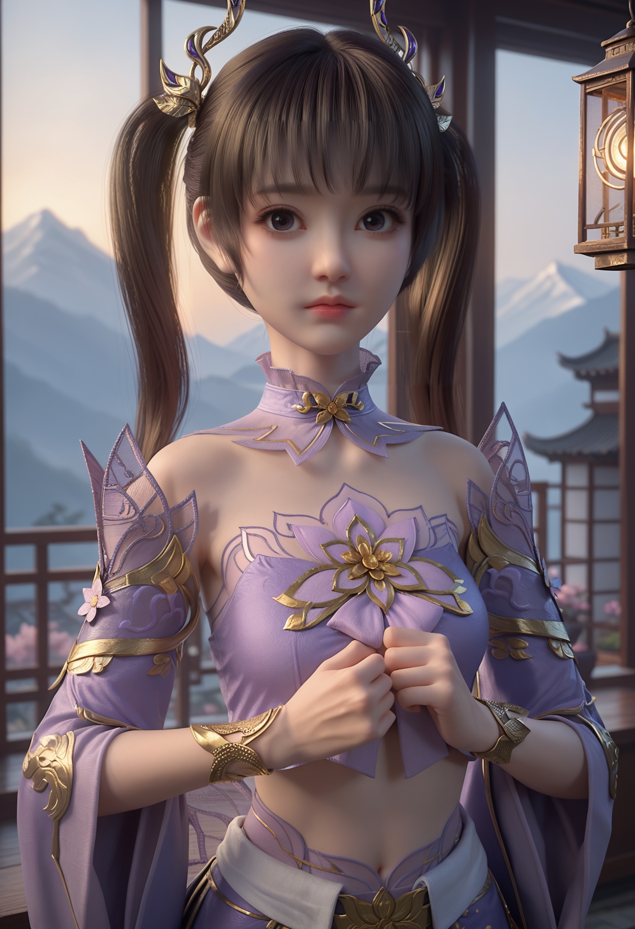 photorealistic,hyperrealistic,Zi_yan,1girl,brown hair,hair ornament,twintails,brown eyes,long hair,bracelet,purple eyes,midriff,bangs,navel,<lora:Zi_yan25_pony-000002:0.75>,chinese clothes,wide sleeves,detached sleeves,purple dress,,skirt,skinny,slim,slender girl,thin,(medium breasts),score_9,score_8_up,score_7_up,score_6_up,score_9,score_8_up,score_7_up,score_6_up source_anime,looking at viewer,standing,(upper body:1.2),close up,head shot,lantern,open window,looking at viewer,indoors,mountains,blossoms,flowers,east asian architecture,beautiful sunrise,warm ambient temperature,