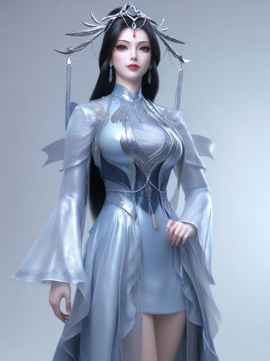 score_9,1girl,solo,dress,long hair,standing,earrings,hair ornament,eyelashes,large breasts,sleeves,black hair,standing,lipstick,cowboy shot,looking at viewer,simple background,<lora:SF_YuPoPo_Pony_Realism2.3-000004:0.7>,