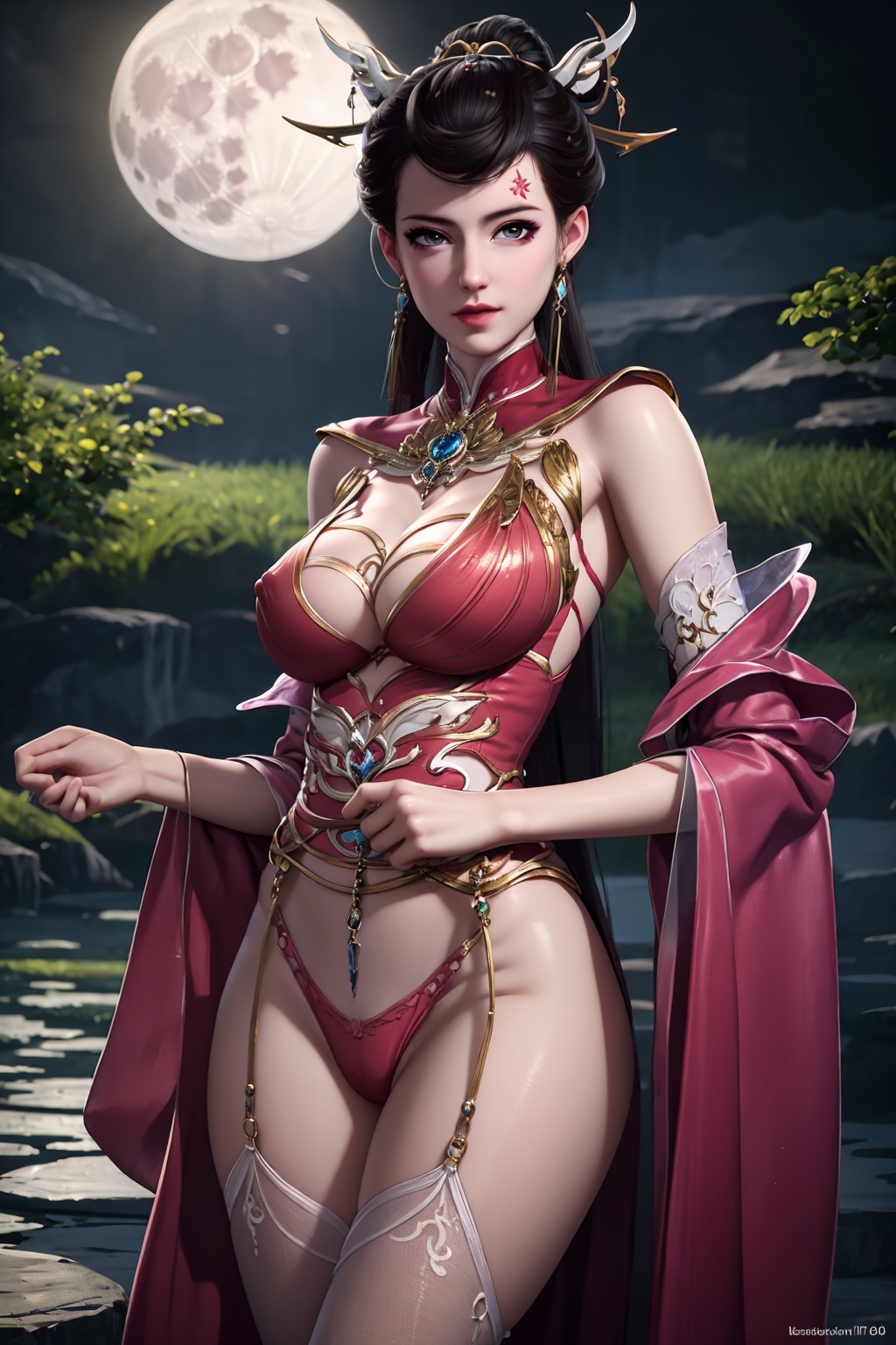 standing,flower,full_moon,moon,night,lily_pad,lotus,moonlight,nipples,water,night_sky,lily_\(flower\),sky,partially_submerged,1girl,solo,hair ornament,long hair,realistic,nail polish,photo_\(medium\),(big breasts, cleavage),makeup,(8k, RAW photo, best quality, masterpiece:1.2),(realistic, photorealistic:1.3),ultra-detailed,extremely detailed cg 8k wallpaper,(crystalstexture skin:1.2),extremely delicate and beautiful,(sexy pose:1.2),wearing edgHL,see-through,thighhighs,sexy lingerie,(big breasts:1.2),silk,thin transparent silk,torn pantyhose,