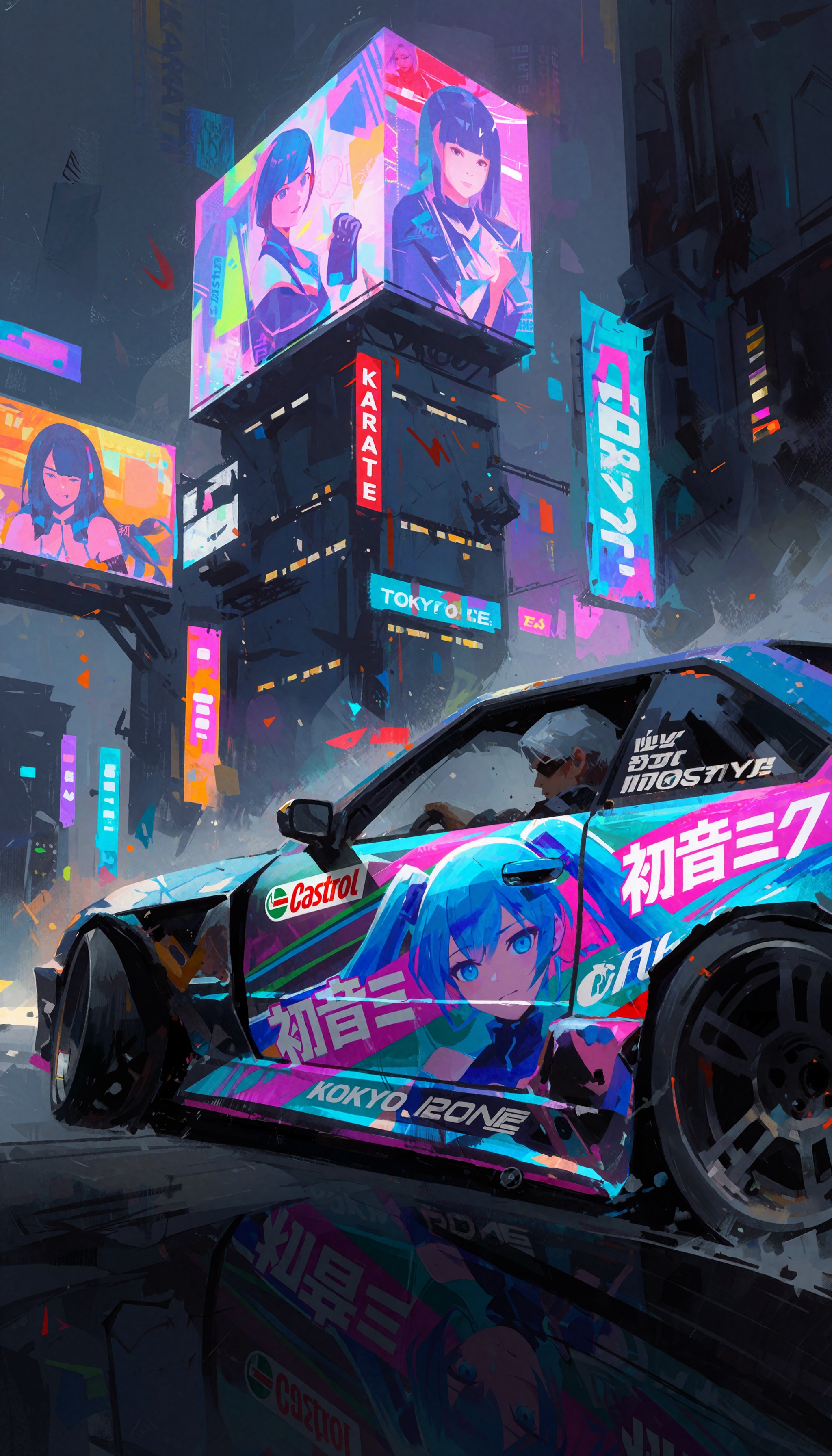 In the style of zhihui,  a cybernetic racer with silver hair and a leather jacket grips the wheel of a razor-edged drift c...