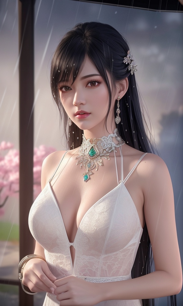 <lora:418-DA-百炼成神-莫雨馨:0.8> ,(,1girl, ,best quality, ),looking at viewer, ,ultra detailed 8k cg, ultra detailed background,  ultra realistic 8k cg,          cinematic lighting, cinematic bloom, (( , )),,  , unreal, science fiction,  luxury, jewelry, diamond, pearl, gem, sapphire, ruby, emerald, intricate detail, delicate pattern, charming, alluring, seductive, erotic, enchanting, hair ornament, necklace, earrings, bracelet, armlet,halo,masterpiece, (( , )),,  ,cherry blossoms,(((, night,night sky,,  ultra high res, (photorealistic:1.4), raw photo, 1girl, , rain, sweat, ,wet, )))(( , ))   (cleavage), (), 1girl, , , depth_of_field, solo, , ,