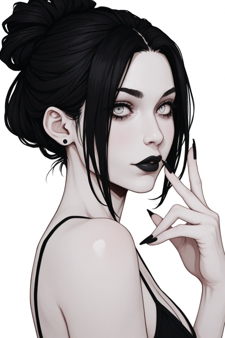 masterpiece, best quality, aesthetic, E-girl, fully body, black hair, bangs hairstyle, pale skin, high detail, highly detailed, digital painting, blank background, black fingernails on fingers, black lipstick
