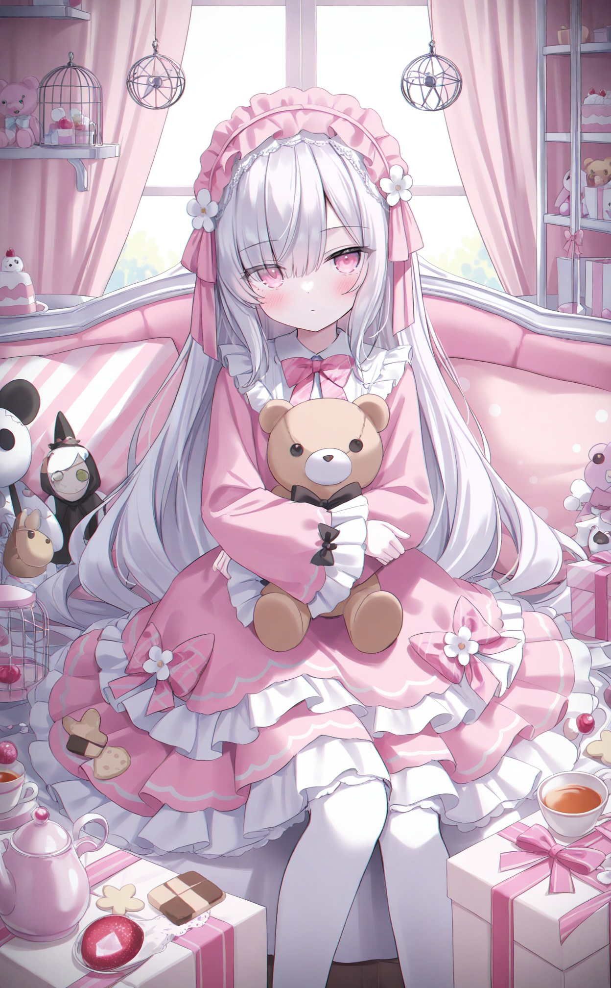 masterpiece,absurdres,best quality,loli,petite,high quality,chromatic_aberration,//,natsume_an-an,1girl,stuffed_toy,teddy_bear,flower,stuffed_animal,solo,long_hair,cookie,hair_ornament,frilled_dress,cup,dress,hair_flower,frills,food,box,gift,pink_eyes,looking_at_viewer,teacup,checkerboard_cookie,bow,very_long_hair,long_sleeves,white_flower,pink_dress,sitting,ribbon,gift_box,indoors,shelf,closed_mouth,white_dress,bowtie,candy,doll,grey_hair,pink_ribbon,curtains,hugging_object,frilled_sleeves,cake,pink_bow,saucer,expressionless,holding_stuffed_toy,hair_over_one_eye,window,cage,doll_joints,pillow,birdcage,holding,fruit,eyes_visible_through_hair,marshmallow,jar,white_hair,collared_dress,lolita_fashion,teapot,dress_bow,character_doll,yarn,feet_out_of_frame,skirt,layered_dress,cupcake,toy,//,//,<lora:natsume_an-an——【noob】hans:0.5>,<lora:guizhencao2——【noob】hans:0.5>,