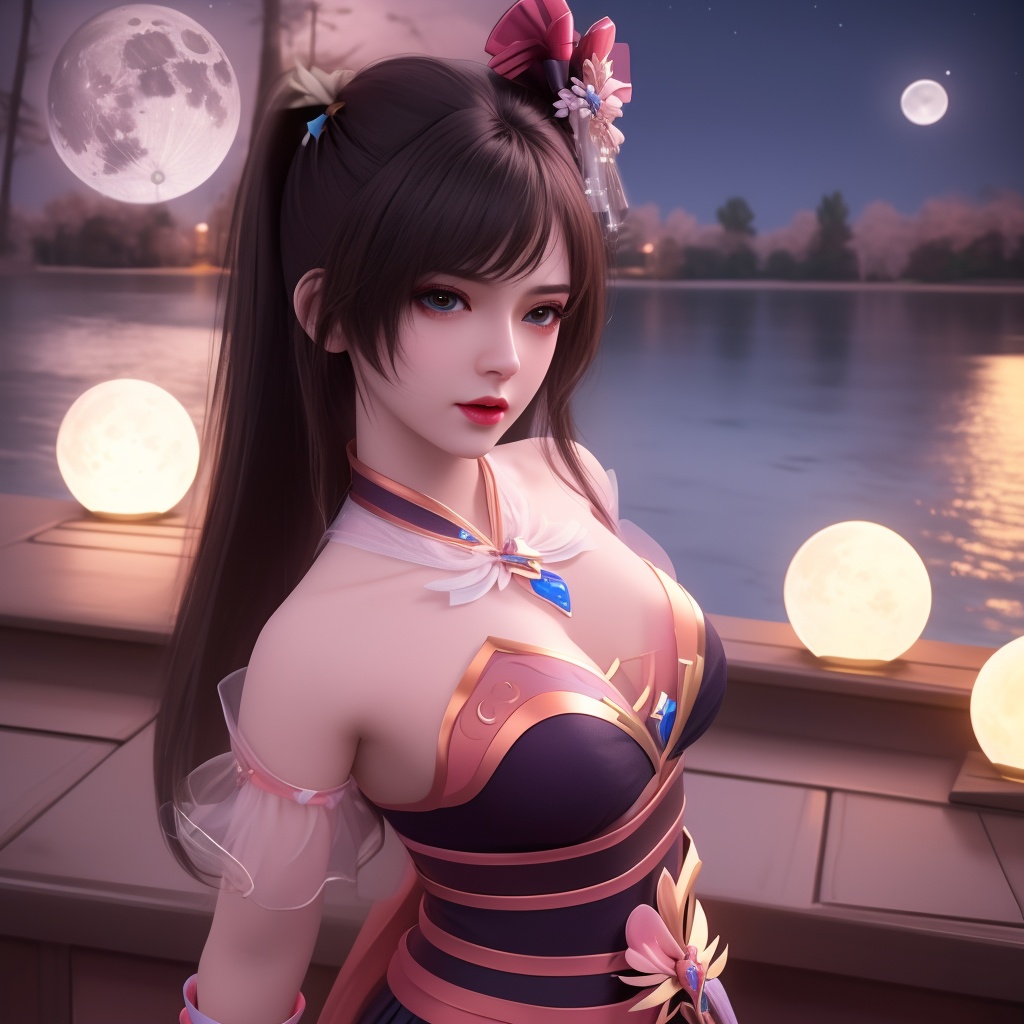 <lora:799-DA-神墓-楚钰:0.8>, (,1girl, ,best quality, ),,  ,ultra realistic 8k cg,, ,masterpiece, (( , )),, ,   ,   cure blossom, full moon,night,night sky,  (cleavage),,  (), ,,