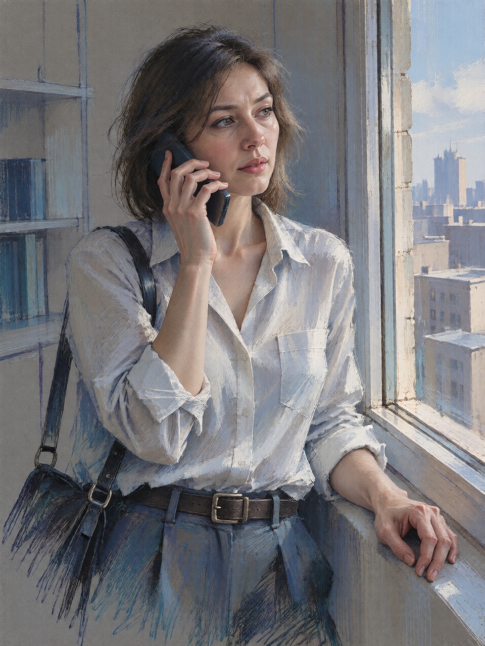 A young East Asian woman standing beside an open apartment window,  holding a phone loosely against her ear. White shirt w...