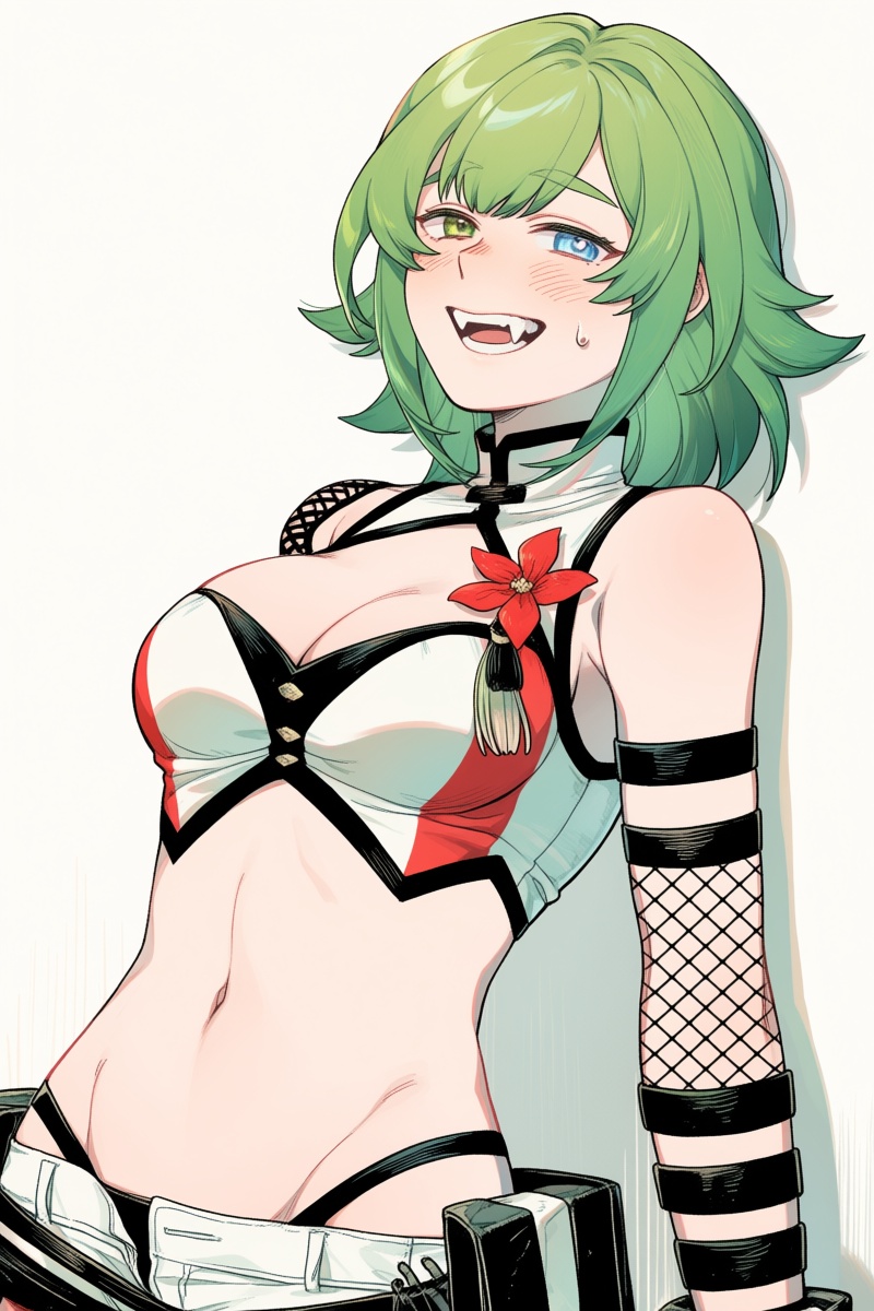@tbst,  The image depicts a young woman with green hair leaning back against a plain white wall. She has a short bob hairc...