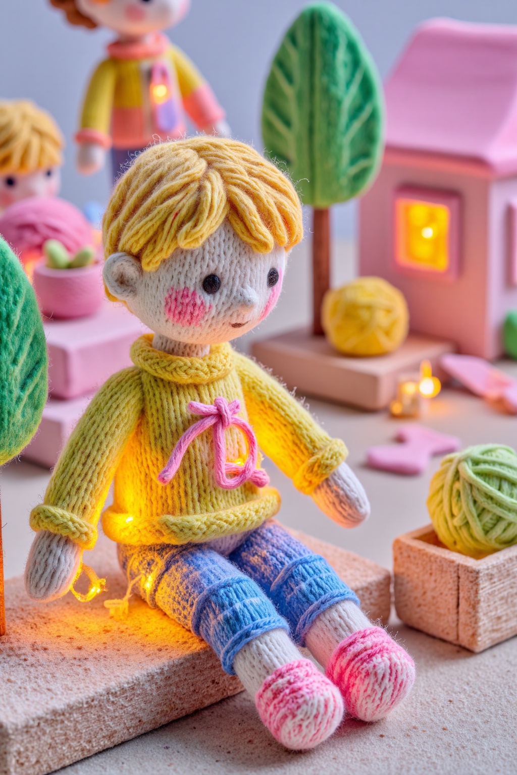 beijihui,Captured in a close-up, eye-level perspective, a miniature doll is seated on a light-colored platform. The doll's body is adorned with a yellow sweater and blue and white knitted pants. Its arms and legs are draped in a bow, and the doll's feet are adorned with pink and blue knitted slippers. To the right of the doll is a small wooden box with a green ball of yarn on top of it. The box is positioned in front of a pink toy house, with a small window on the right side of the house. The toy house has a pink roof, and it is lit up with yellow lights. In the background, another doll's head is visible in the upper left corner of the frame.