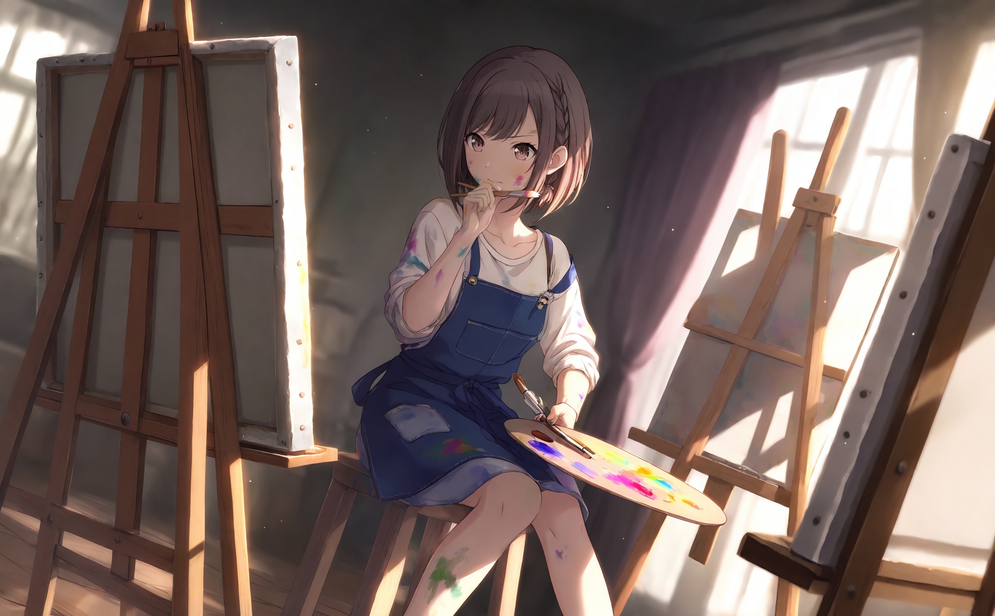 masterpiece,highres,absurdres,newest,best quality,high quality,chromatic_aberration,//,shinonome_ena, 1girl, canvas_\(object\), palette_\(object\), easel, brown_hair, solo, paintbrush, shirt, curtains, holding_paintbrush, paint_on_clothes, short_hair, apron, brown_eyes, sitting, paint_splatter_on_face, indoors, holding, painting_\(action\), closed_mouth, dutch_angle, dirty, white_shirt, blue_apron, blurry, dirty_clothes, paint_splatter, dirty_face, paint, art_brush, sleeves_rolled_up, long_sleeves, light_particles, painting_\(object\), blurry_background, sleeves_past_elbows, swept_bangs, overalls, braid, sleeves_pushed_up, bob_cut, collarbone, wiping_face, depth_of_field, blue_overalls, hair_behind_ear, looking_ahead, looking_afar, feet_out_of_frame, kamiyama_high_school_uniform_\(project_sekai\), dot_nose, holding_brush, hand_up, stool, bare_legs, looking_at_object//,<lora:PJSKcg925——【NOOB】hans:0.8>,
