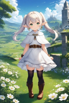 1girl, solo, long hair, looking at viewer, smile, bangs, thighhighs, dress, twintails, jewelry, green eyes, standing, full body, flower, white hair, earrings, boots, outdoors, sky, day, pointy ears, belt, black thighhighs, white dress, capelet, brown footwear, arms behind back, grass, elf, white capelet, lalafell