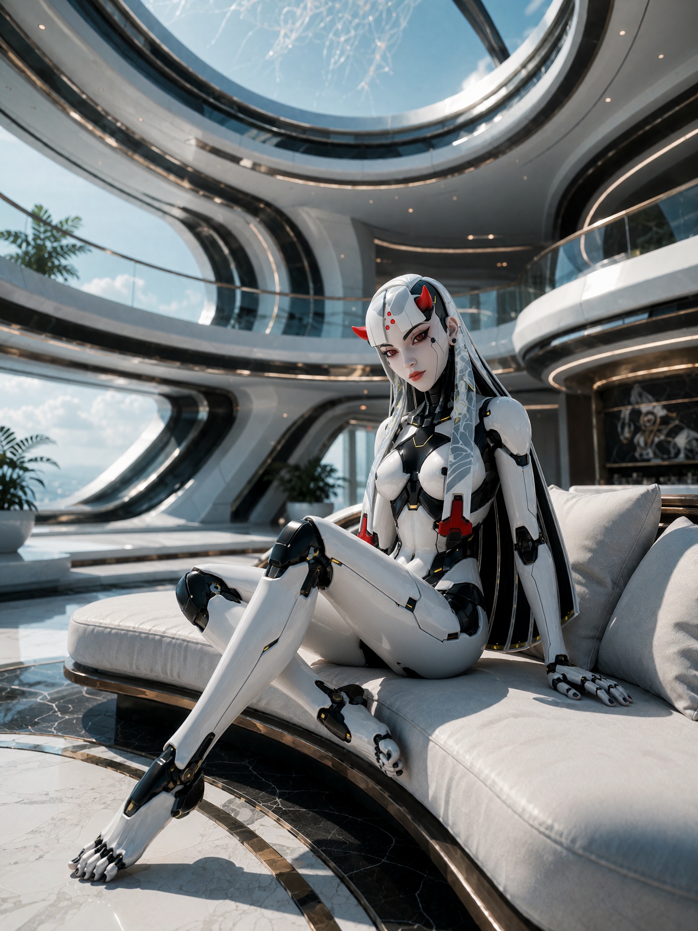 14. A luxurious sci-fi editorial portrait of Shion seated inside an enormous futuristic atrium or penthouse lounge. The ba...