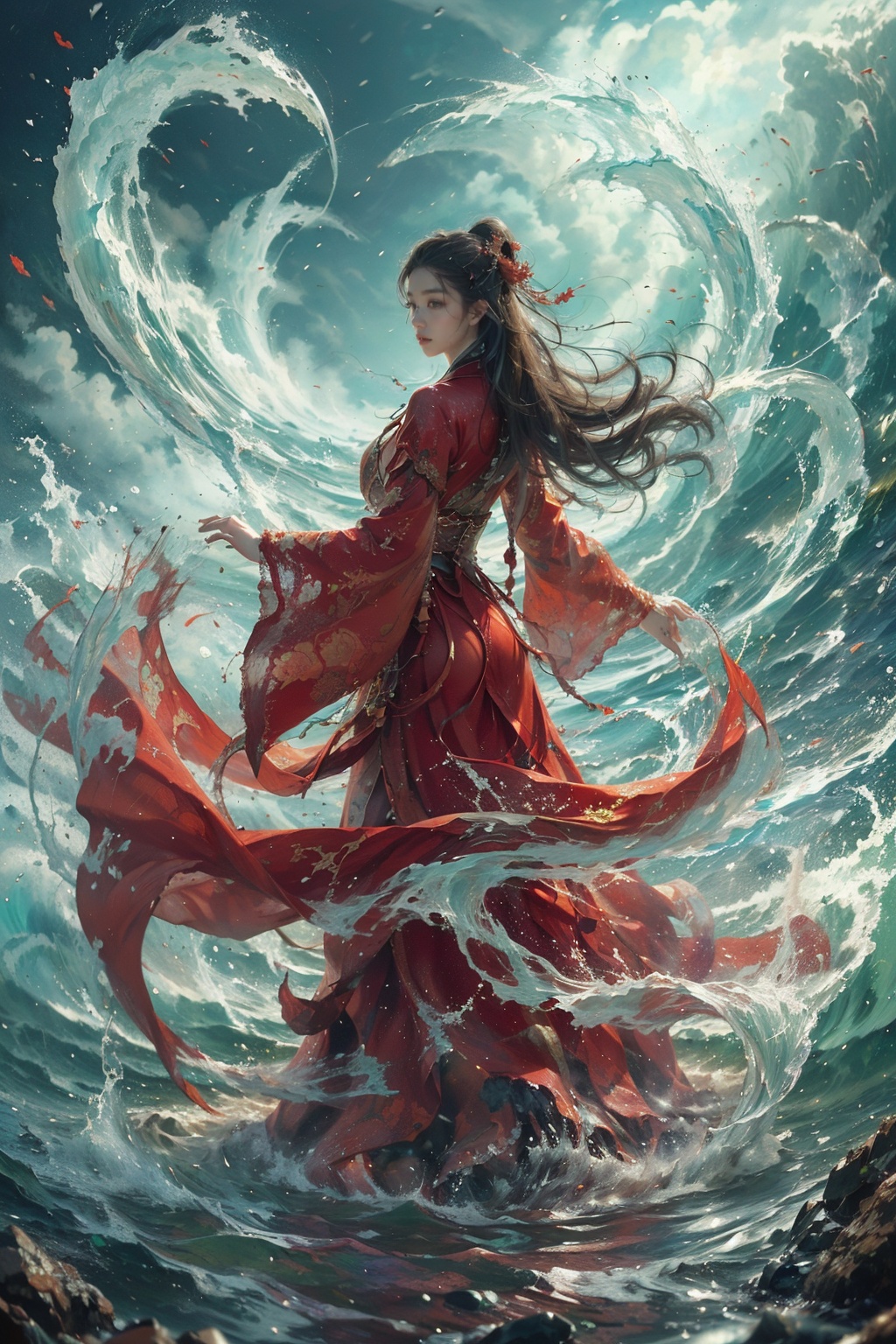 haifeisiv6,  painting of a woman in a red dress standing in the water,  feng zhu concept art on Tensor.Art